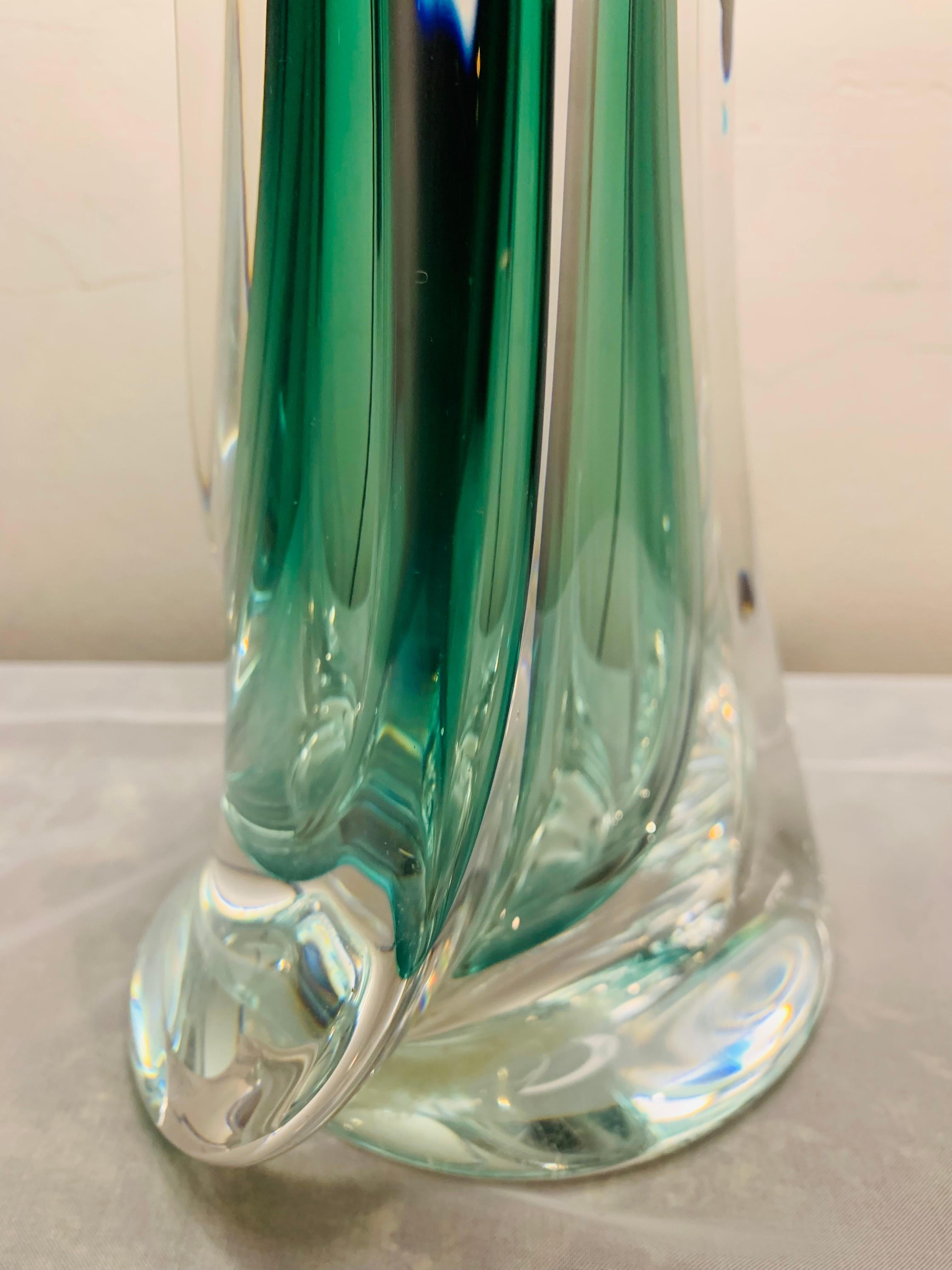 20th Century 1950s Belgium Val Saint Lambert Green & Clear Crystal Glass Table Lamp