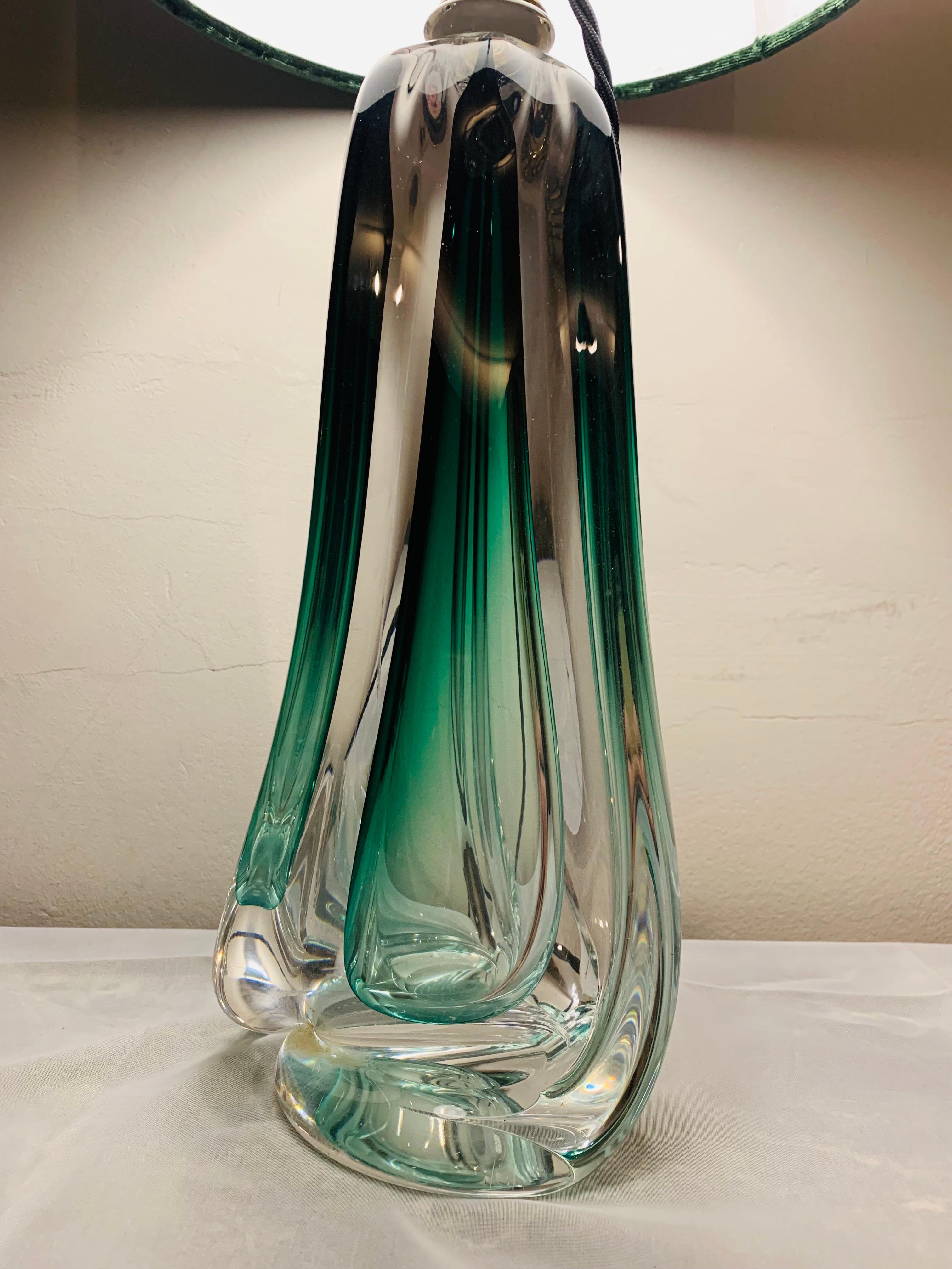 1950s Belgium Val Saint Lambert Green & Clear Crystal Glass Table Lamp 2