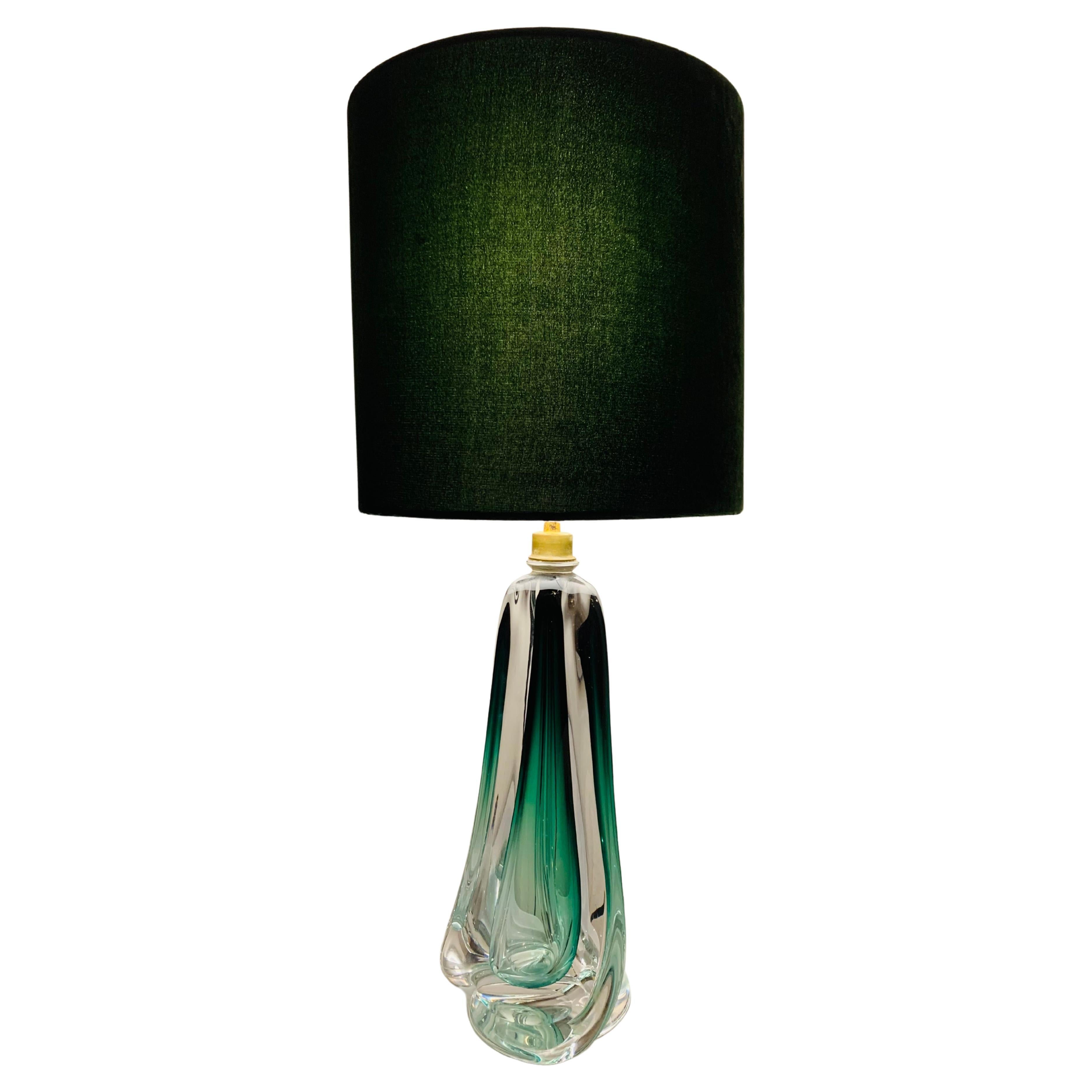 1950s Belgium Val Saint Lambert Green & Clear Crystal Glass Table Lamp