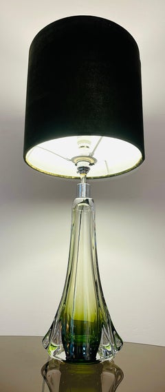1950s Belgium Val Saint Lambert Green & Clear Crystal Glass Table Lamp Signed