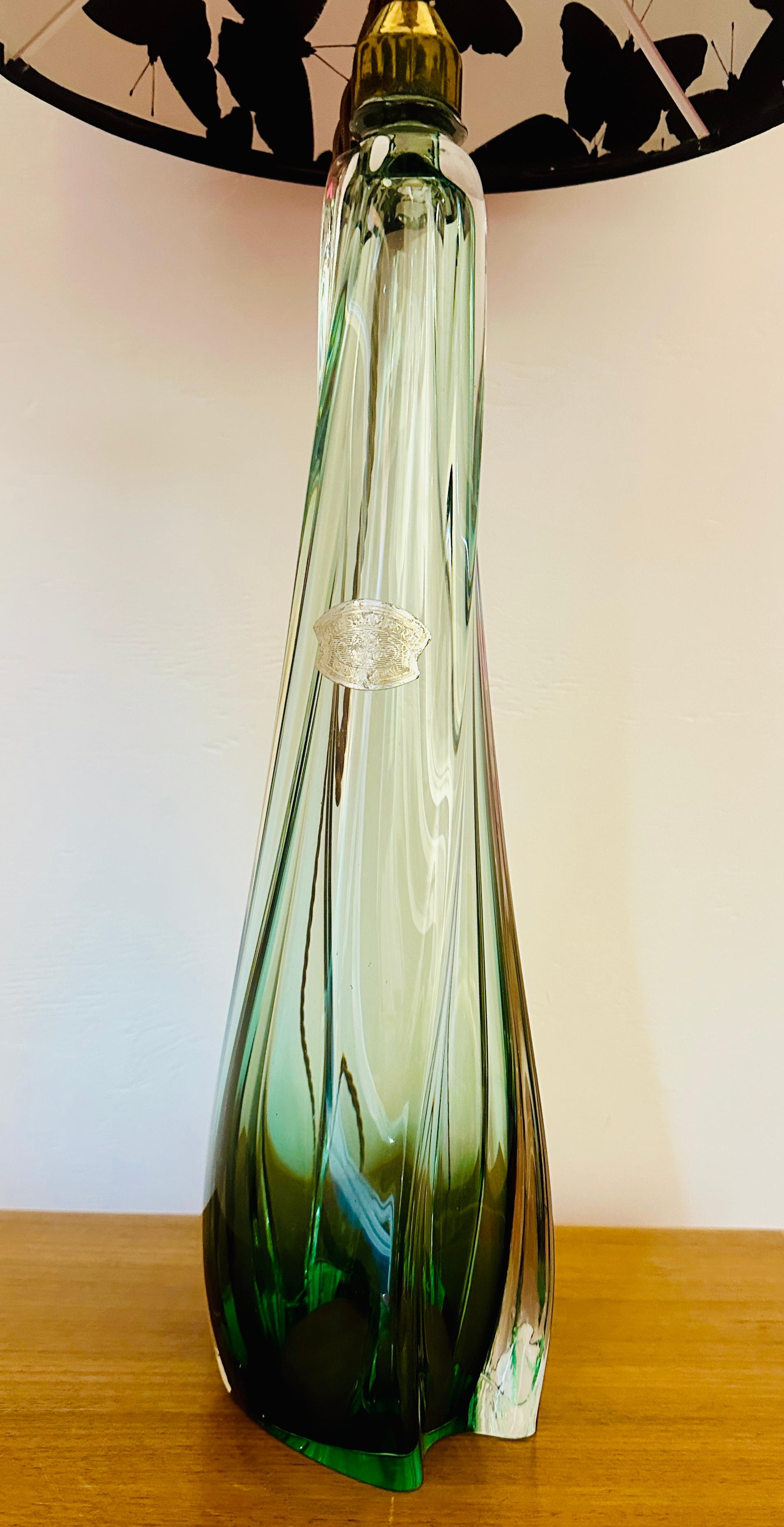 Tischlampe aus grünem und klarem Kristallglas, Belgien, Val Saint Lambert, 1950er Jahre im Angebot 1