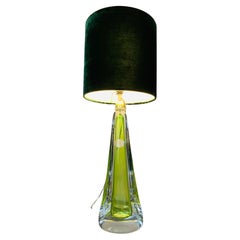 Vintage 1950s Belgium Val Saint Lambert Green & Thick Clear Crystal Glass Table Lamp