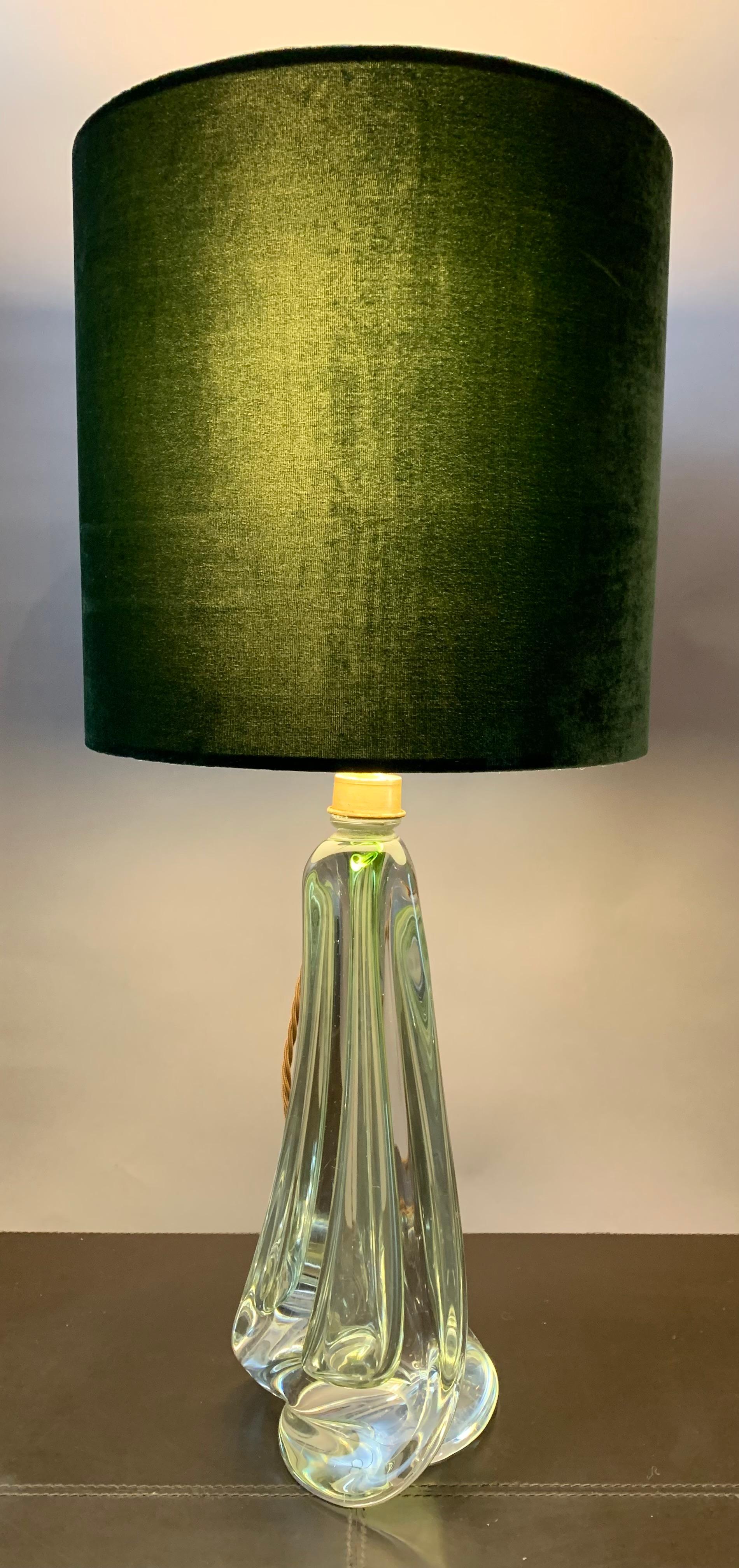 1950s Belgium Val St Lambert pale green and clear crystal glass table lamp base of tapering geometric form with a polished brass light fitting and brown twisted silk flex. 

The Val Saint Lambert foil label isn't present and it's also not signed