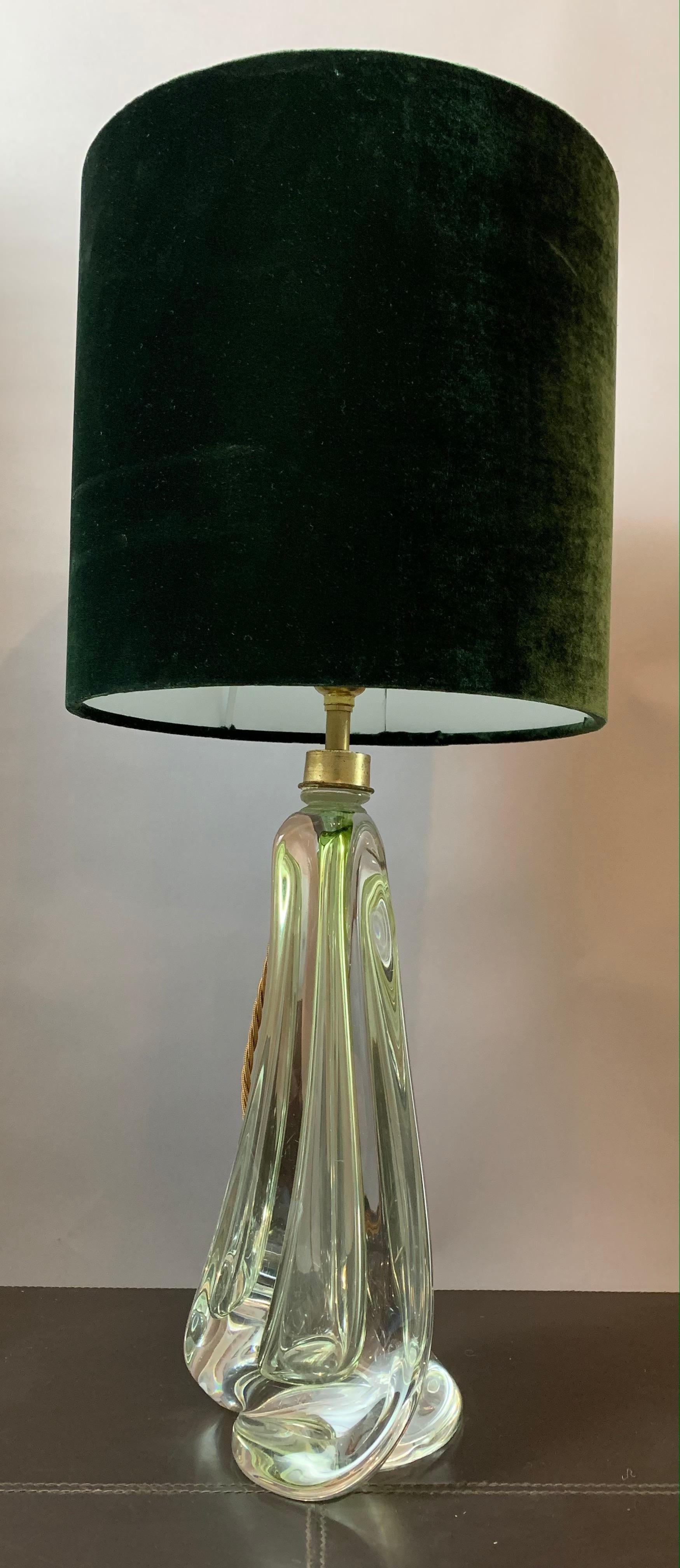 Polished 1950s Belgium Val Saint Lambert Pale Green & Clear Crystal Glass Table Lamp