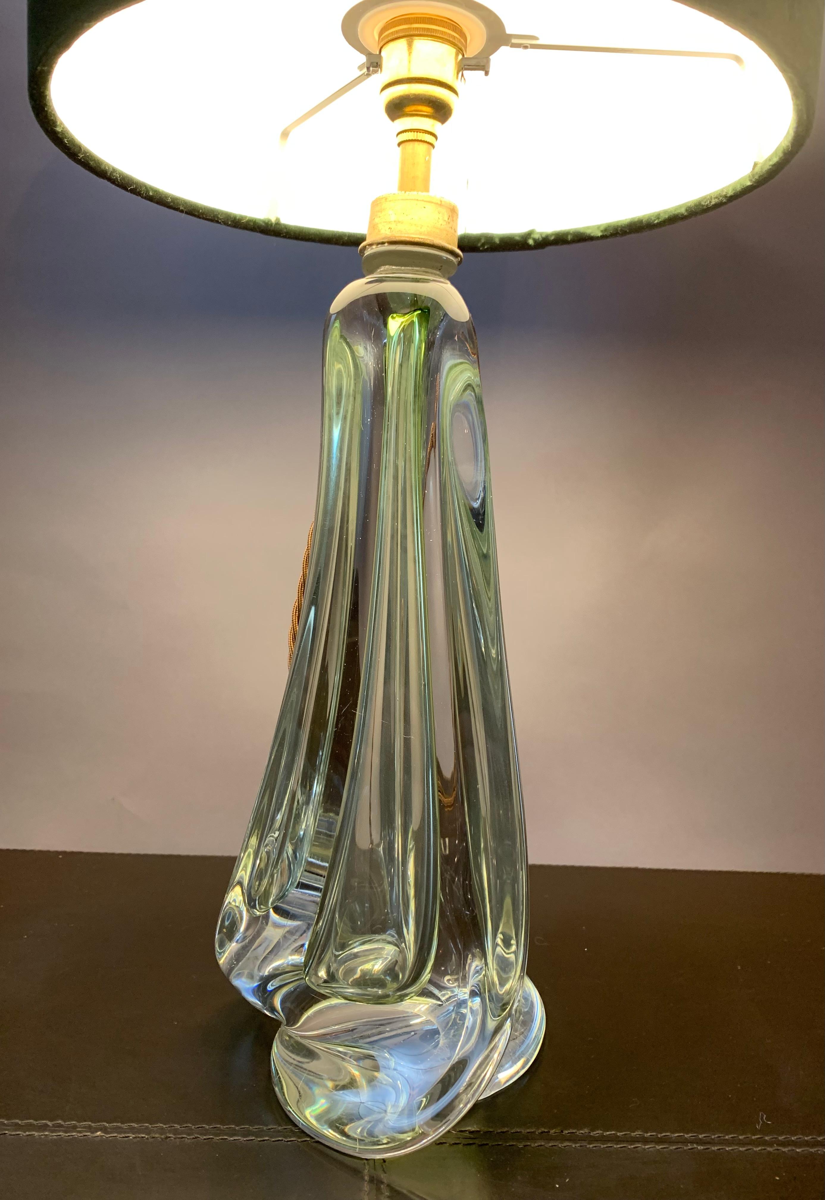 1950s Belgium Val Saint Lambert Pale Green & Clear Crystal Glass Table Lamp In Good Condition In London, GB