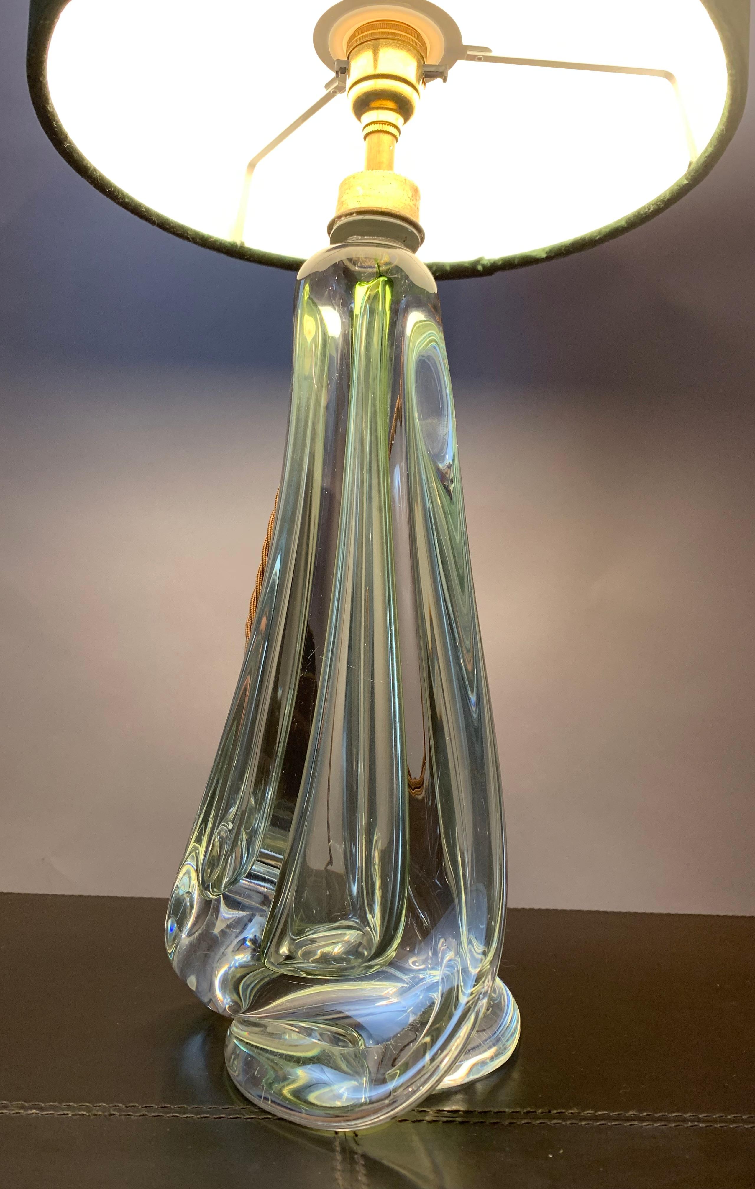 20th Century 1950s Belgium Val Saint Lambert Pale Green & Clear Crystal Glass Table Lamp