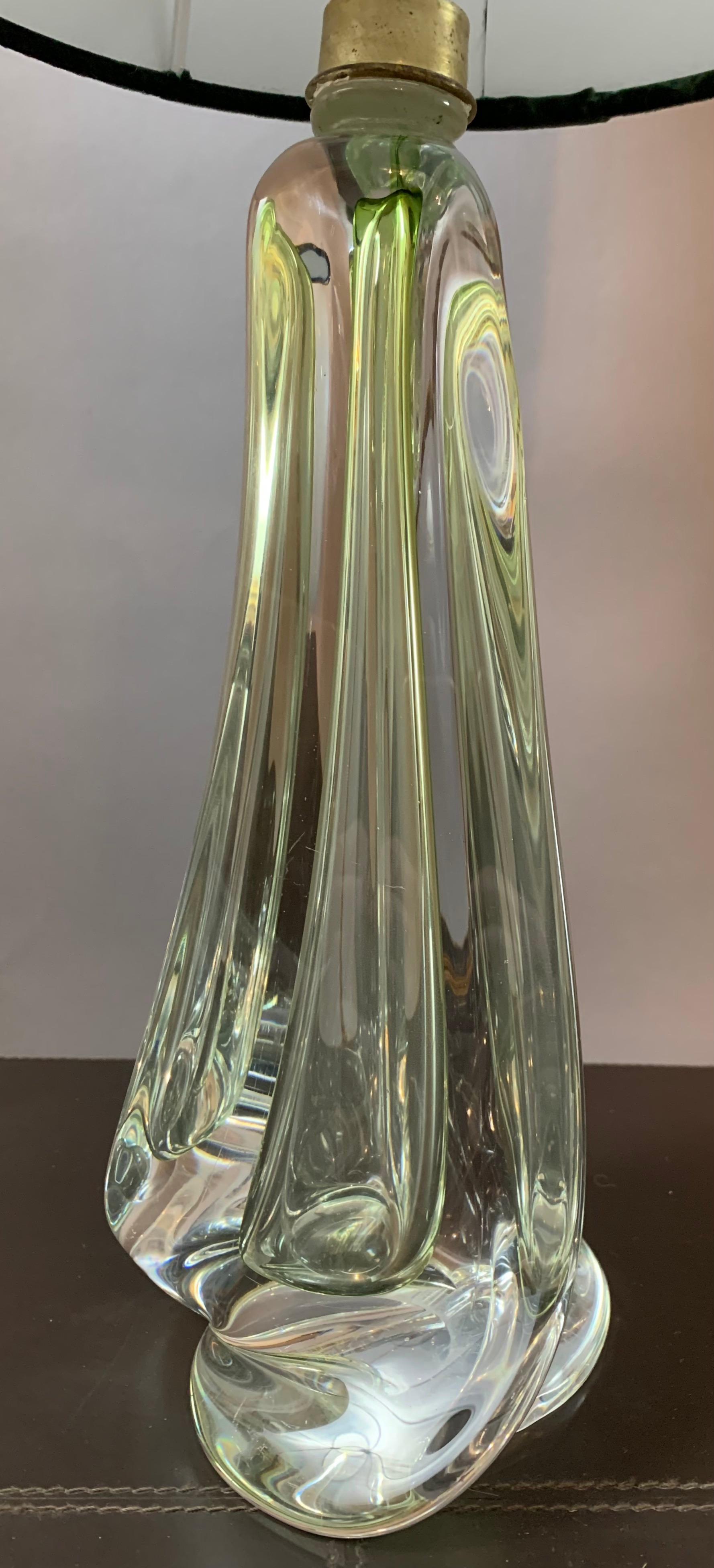 Brass 1950s Belgium Val Saint Lambert Pale Green & Clear Crystal Glass Table Lamp