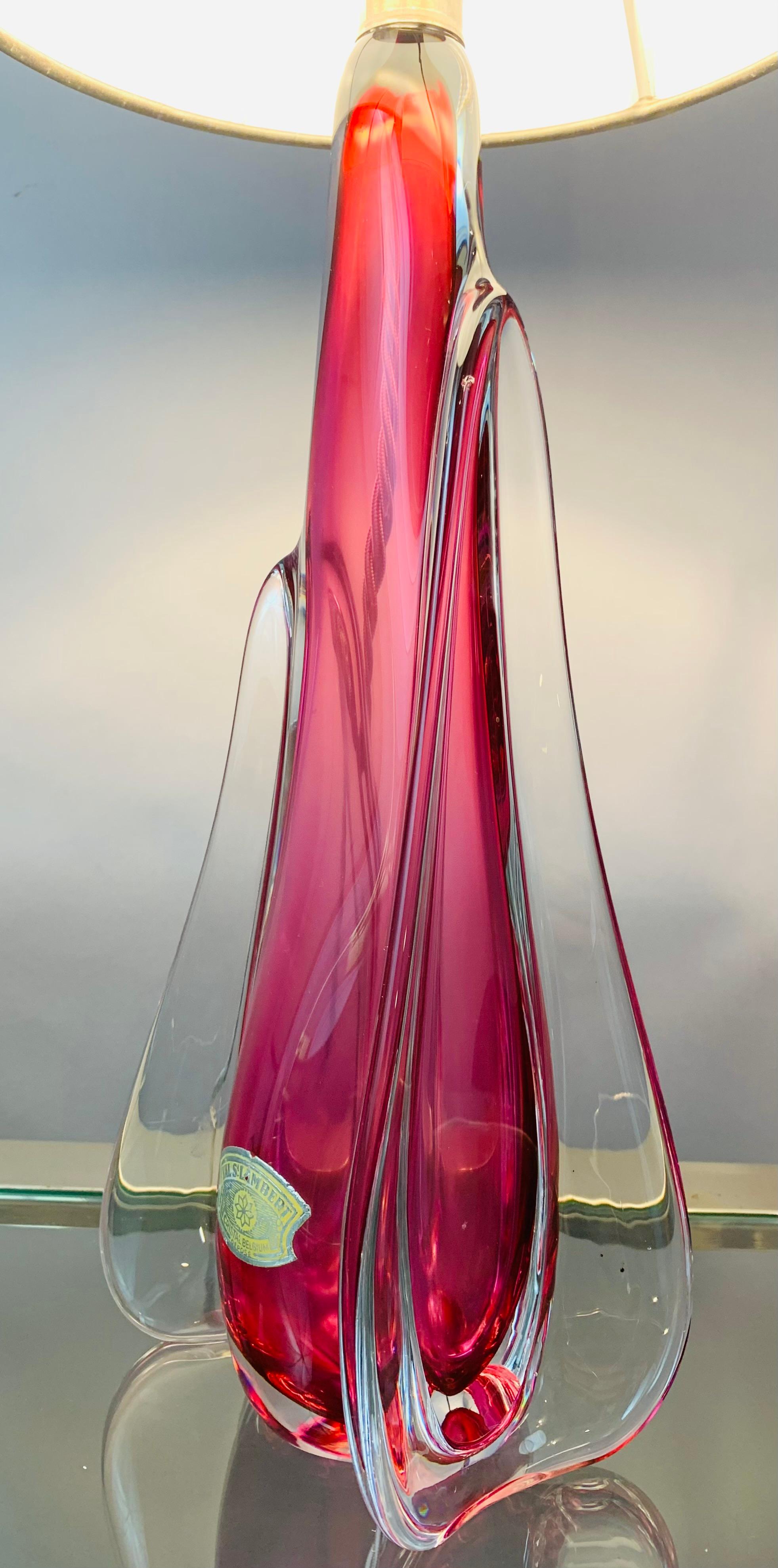 1950s Belgium Val Saint Lambert Pink & Clear Crystal Glass Table Lamp 2
