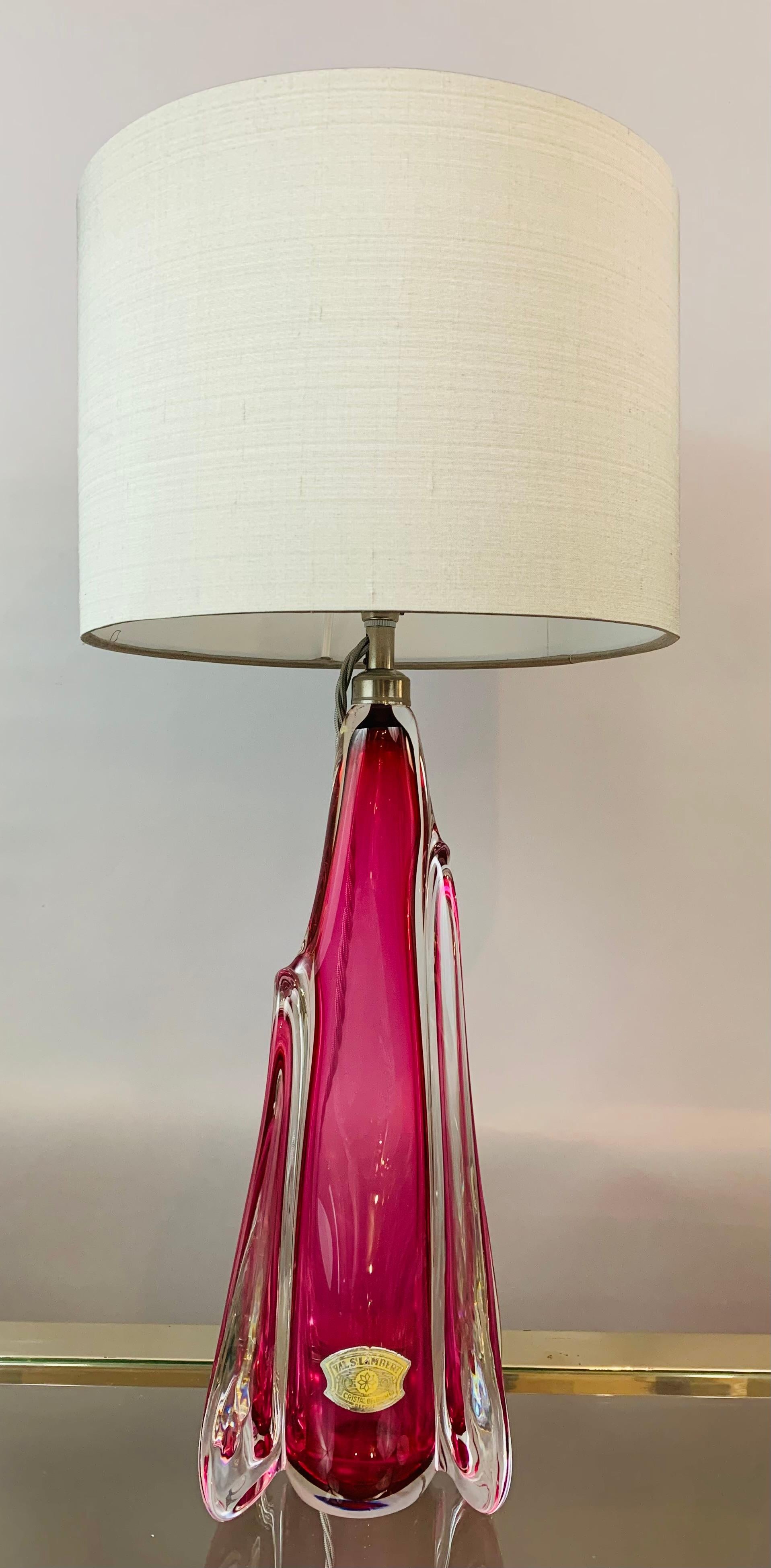 Mid-Century Modern 1950s Belgium Val Saint Lambert Pink & Clear Crystal Glass Table Lamp