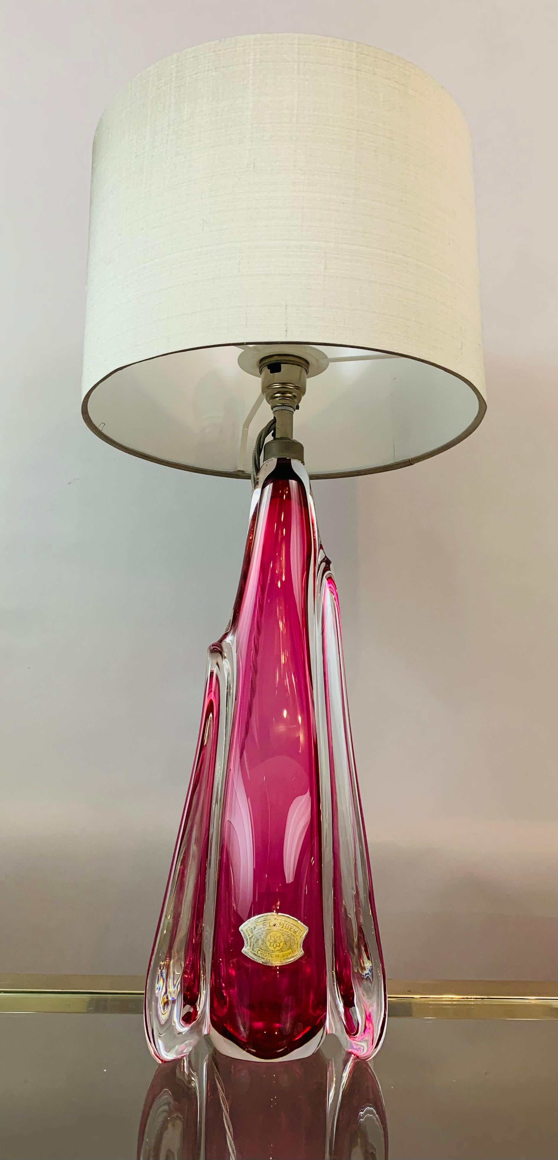 Belgian 1950s Belgium Val Saint Lambert Pink & Clear Crystal Glass Table Lamp