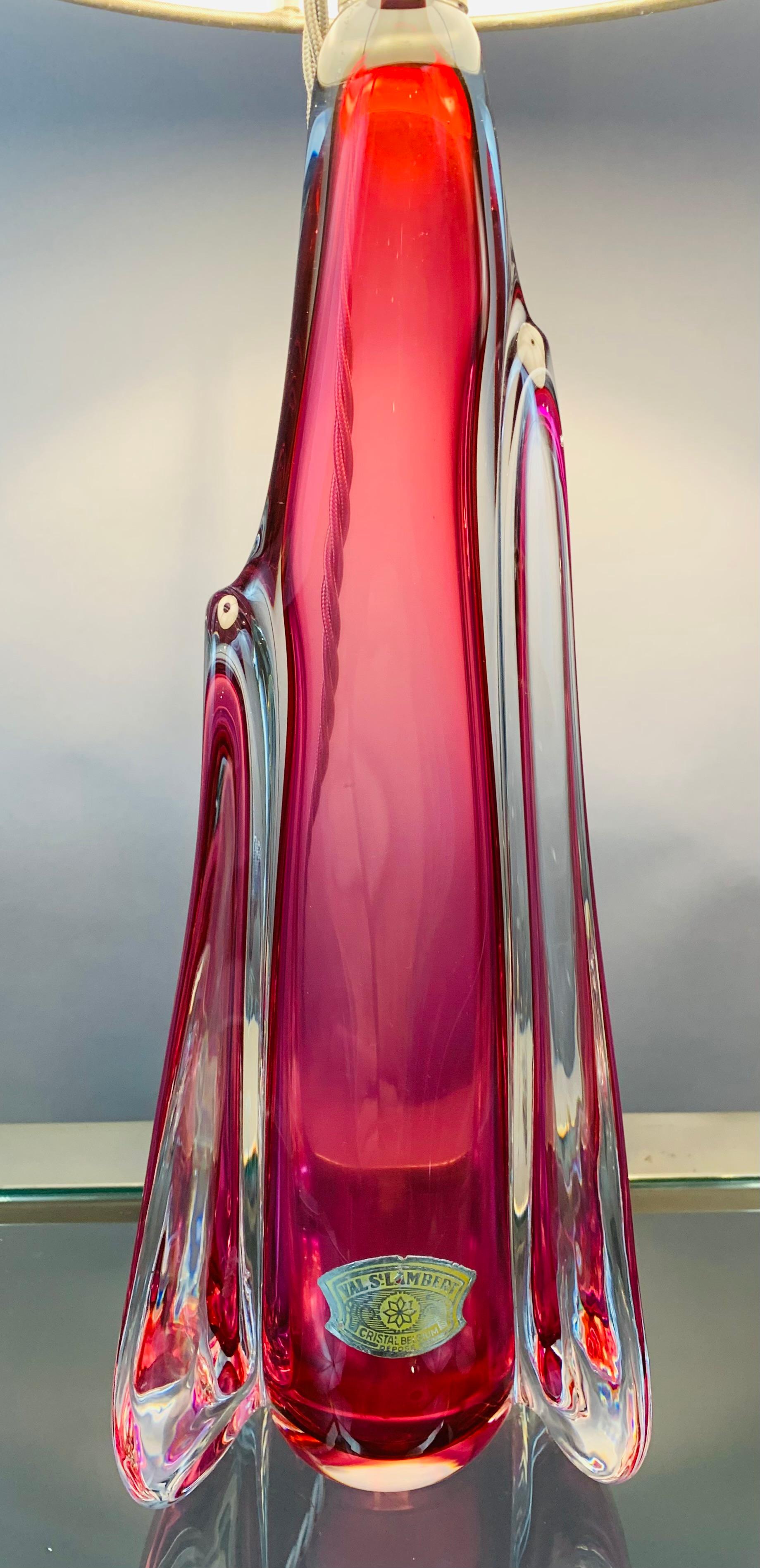 1950s Belgium Val Saint Lambert Pink & Clear Crystal Glass Table Lamp In Good Condition In London, GB