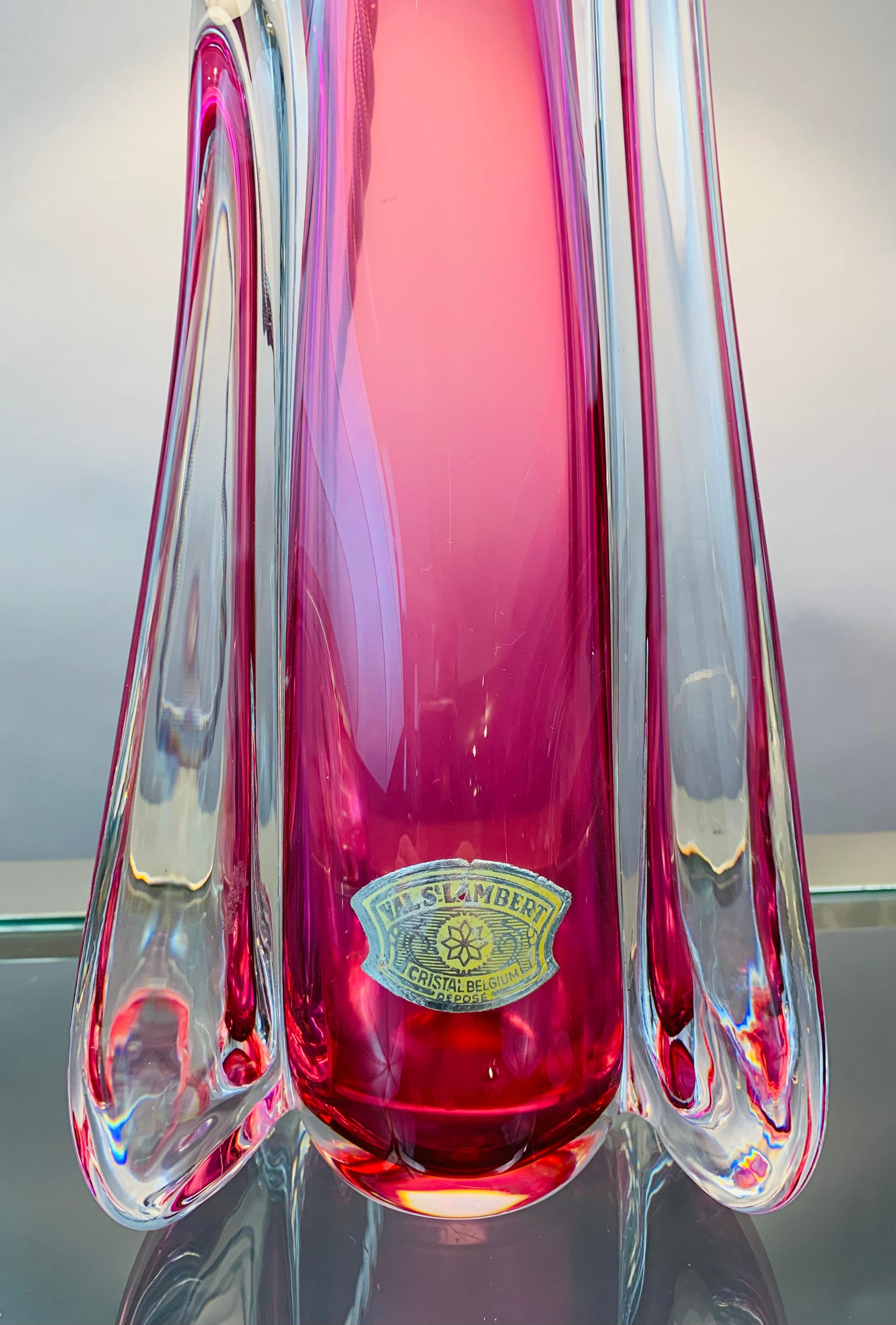 20th Century 1950s Belgium Val Saint Lambert Pink & Clear Crystal Glass Table Lamp