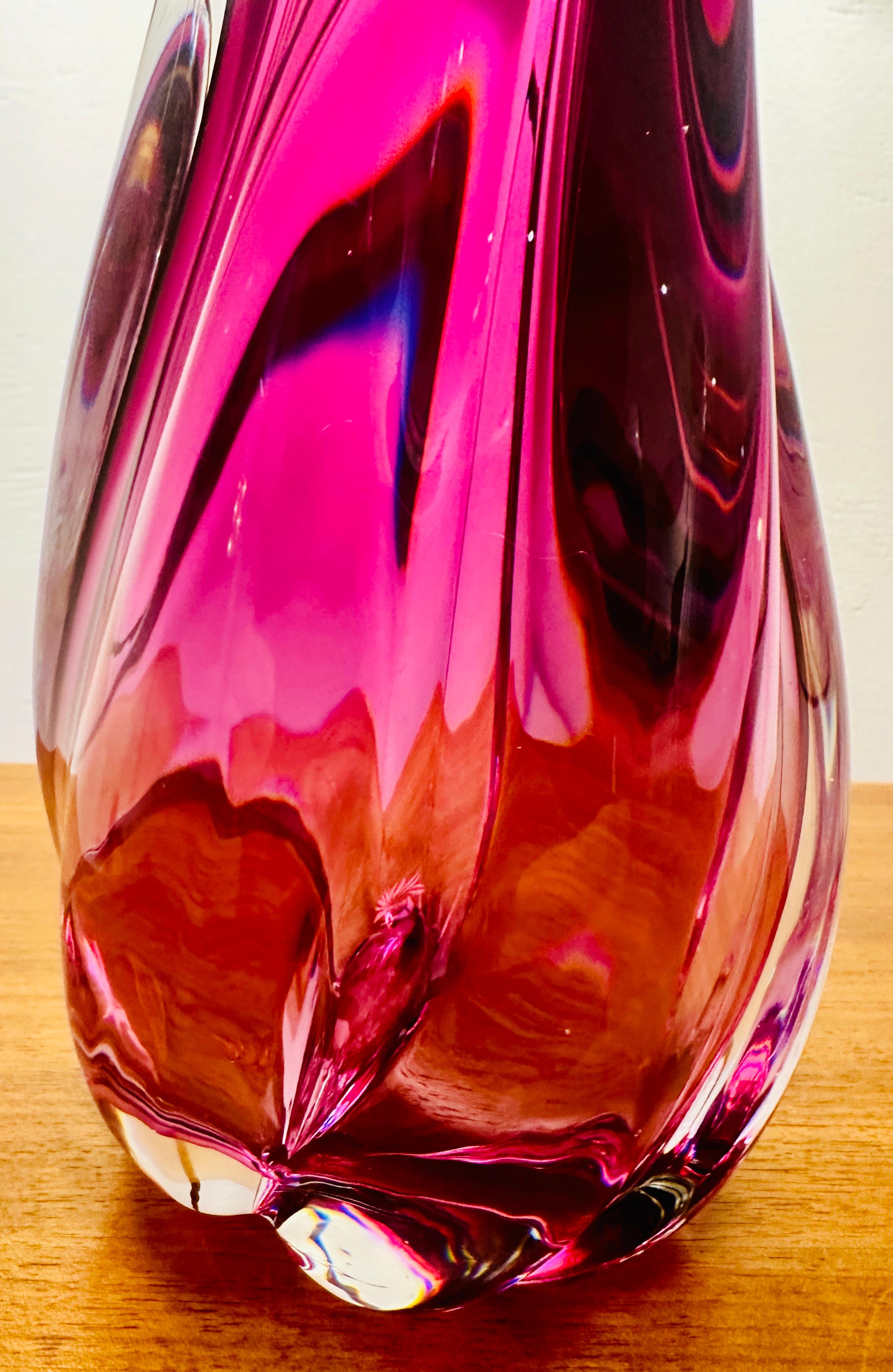 1950s Belgium Val Saint Lambert Purple & Clear Crystal Glass Table Lamp Signed 3