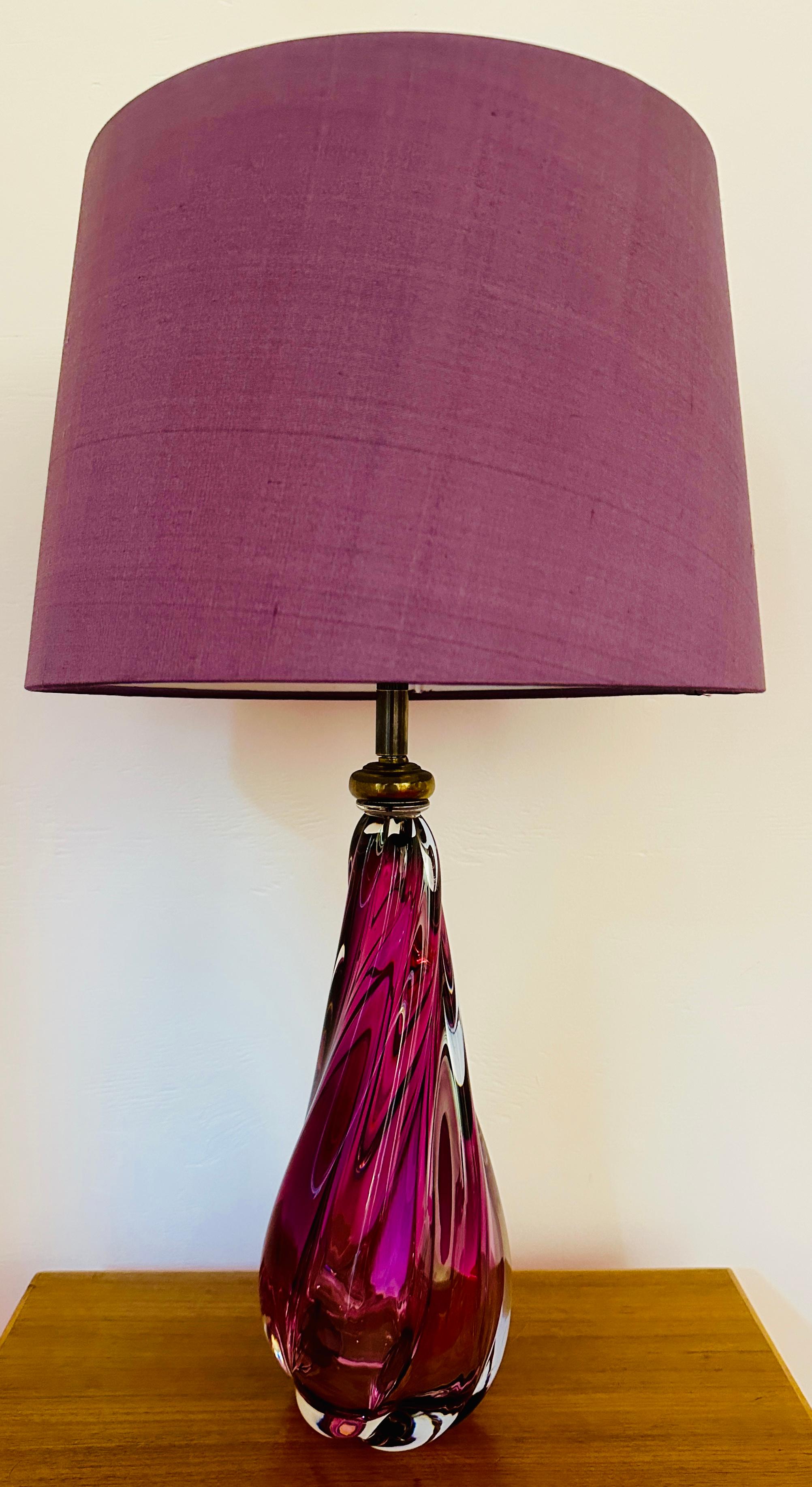 1950s Belgium Val Saint Lambert Purple & Clear Crystal Glass Table Lamp Signed 5