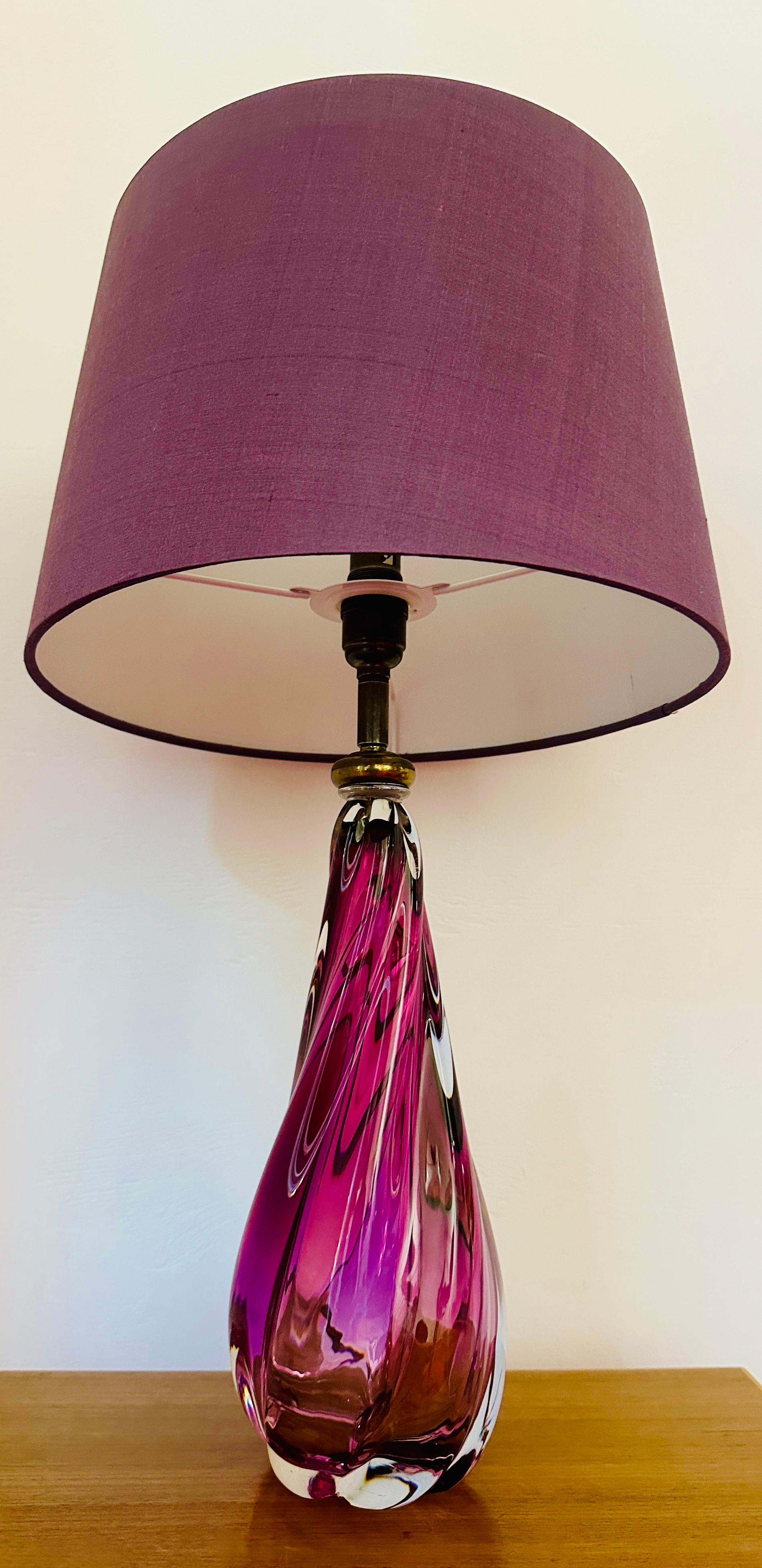 1950s Belgium Val Saint Lambert Purple & Clear Crystal Glass Table Lamp Signed 6