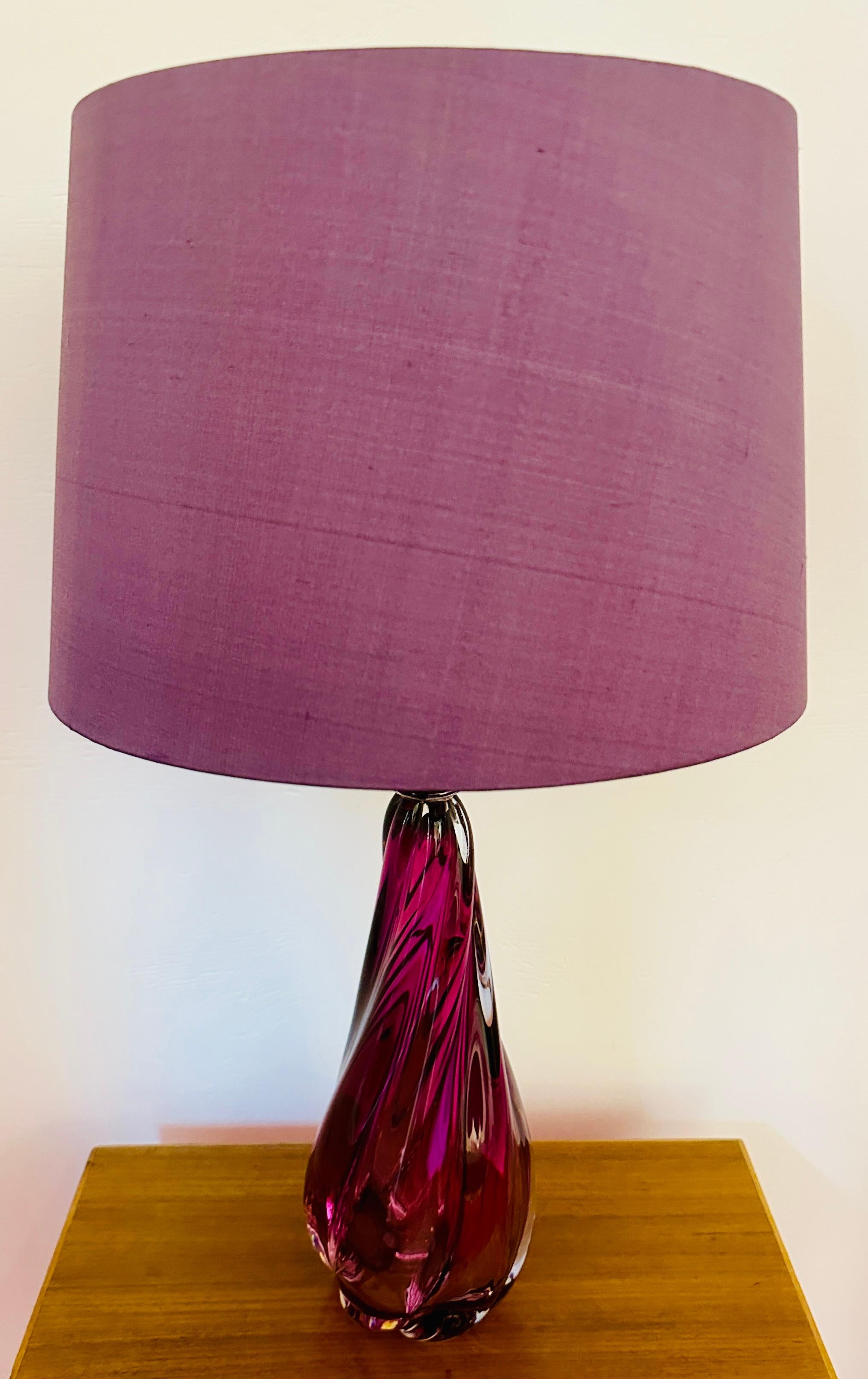 1950s Belgium Val Saint Lambert Purple & Clear Crystal Glass Table Lamp Signed 7