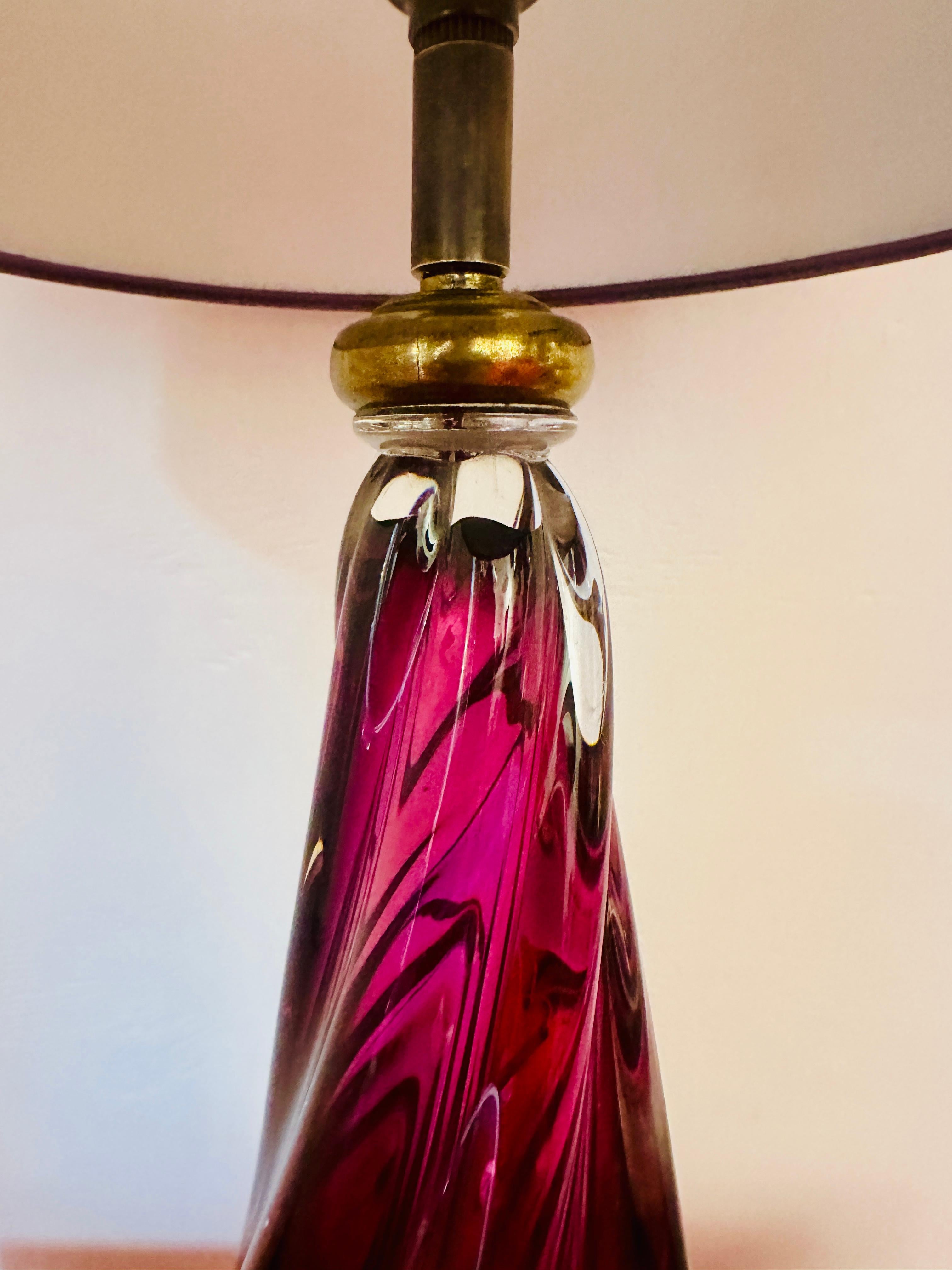 1950s Belgium Val Saint Lambert Purple & Clear Crystal Glass Table Lamp Signed 9