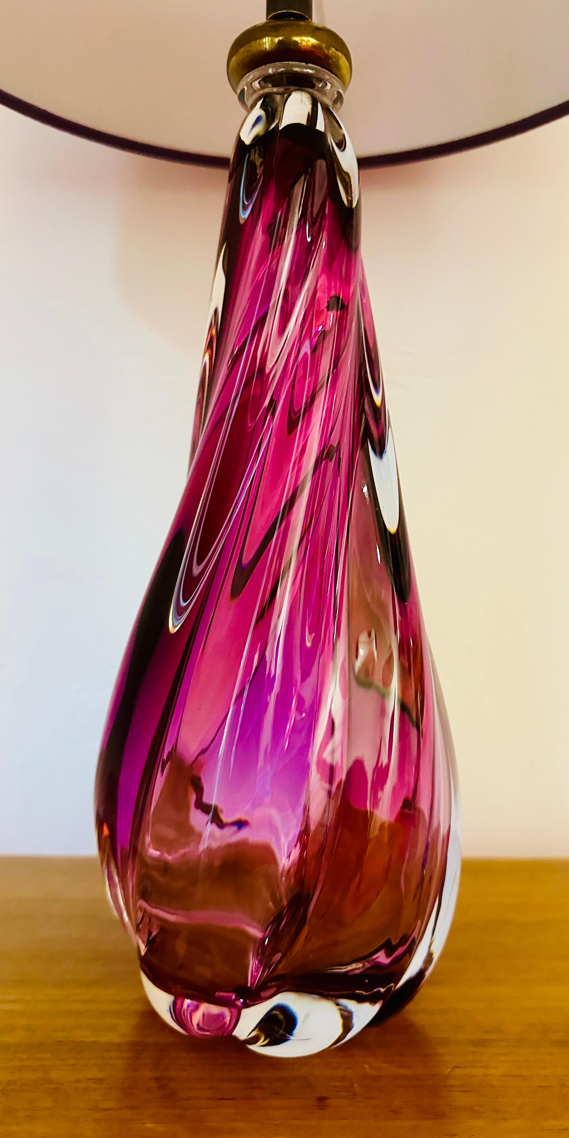 1950s Belgium Val Saint Lambert Purple & Clear Crystal Glass Table Lamp Signed 10