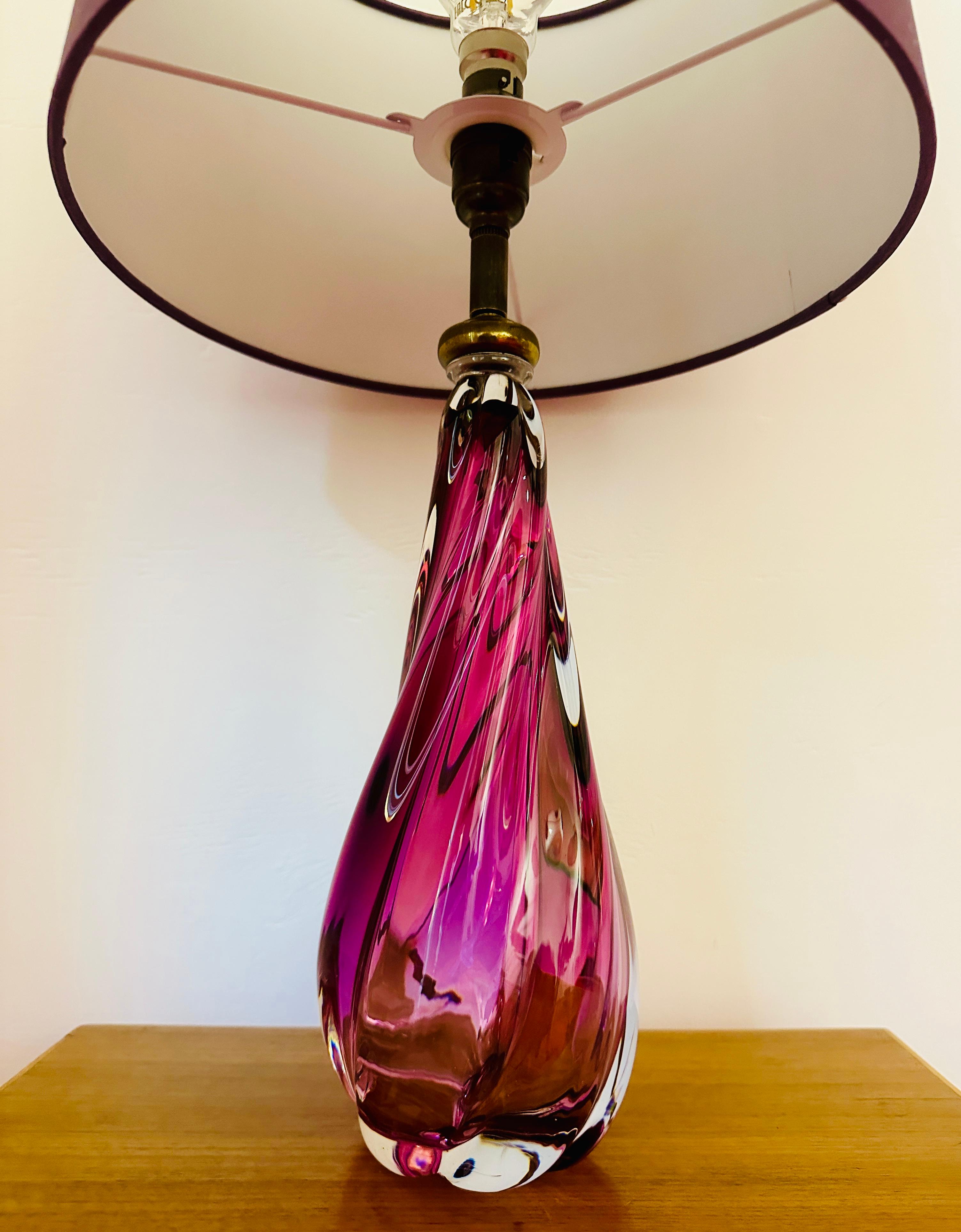 1950s Belgium Val Saint Lambert Purple & Clear Crystal Glass Table Lamp Signed 11