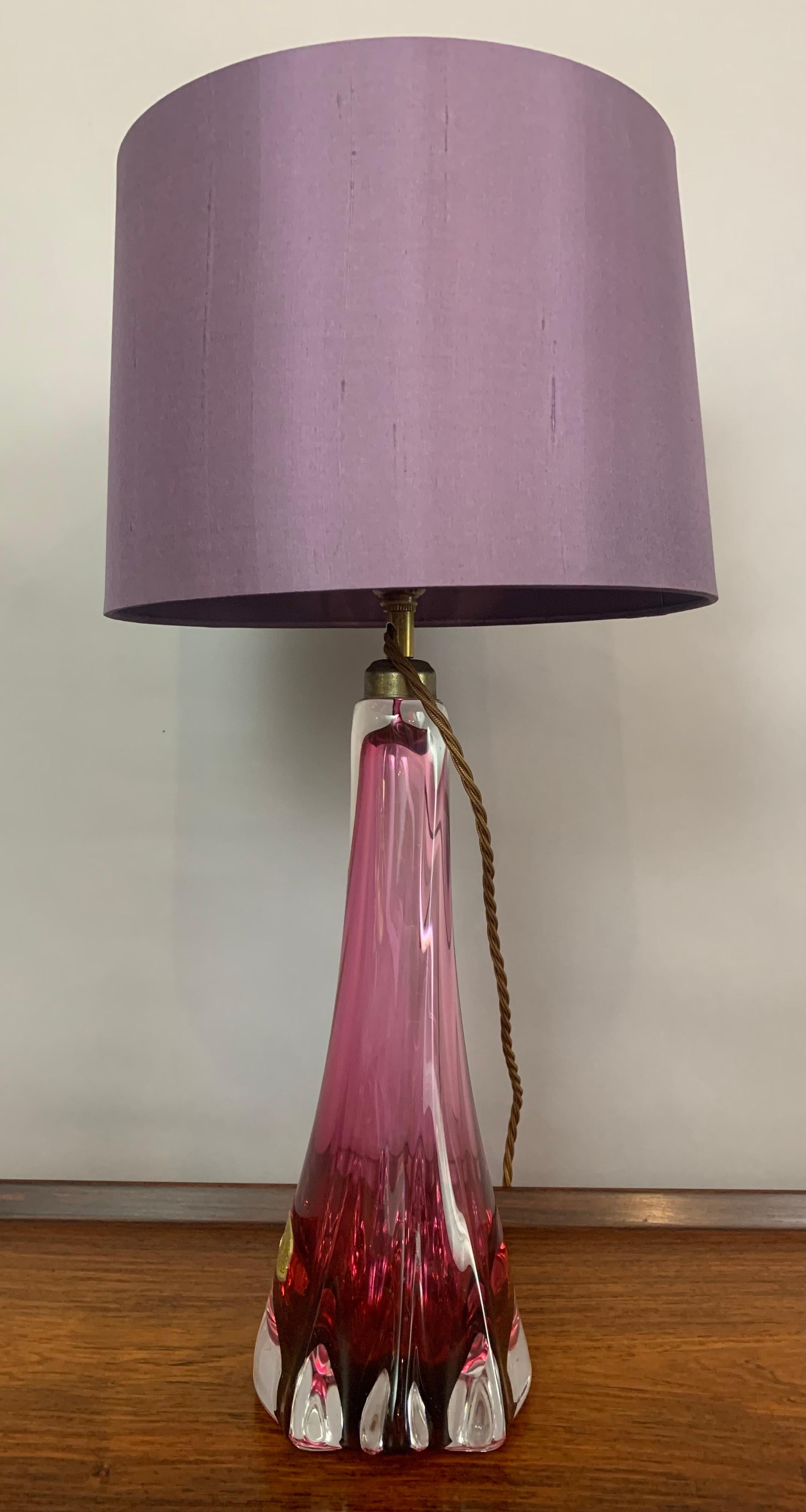 1950s Belgium Val Saint Lambert Purple & Clear Crystal Glass & Brass Table Lamp 1