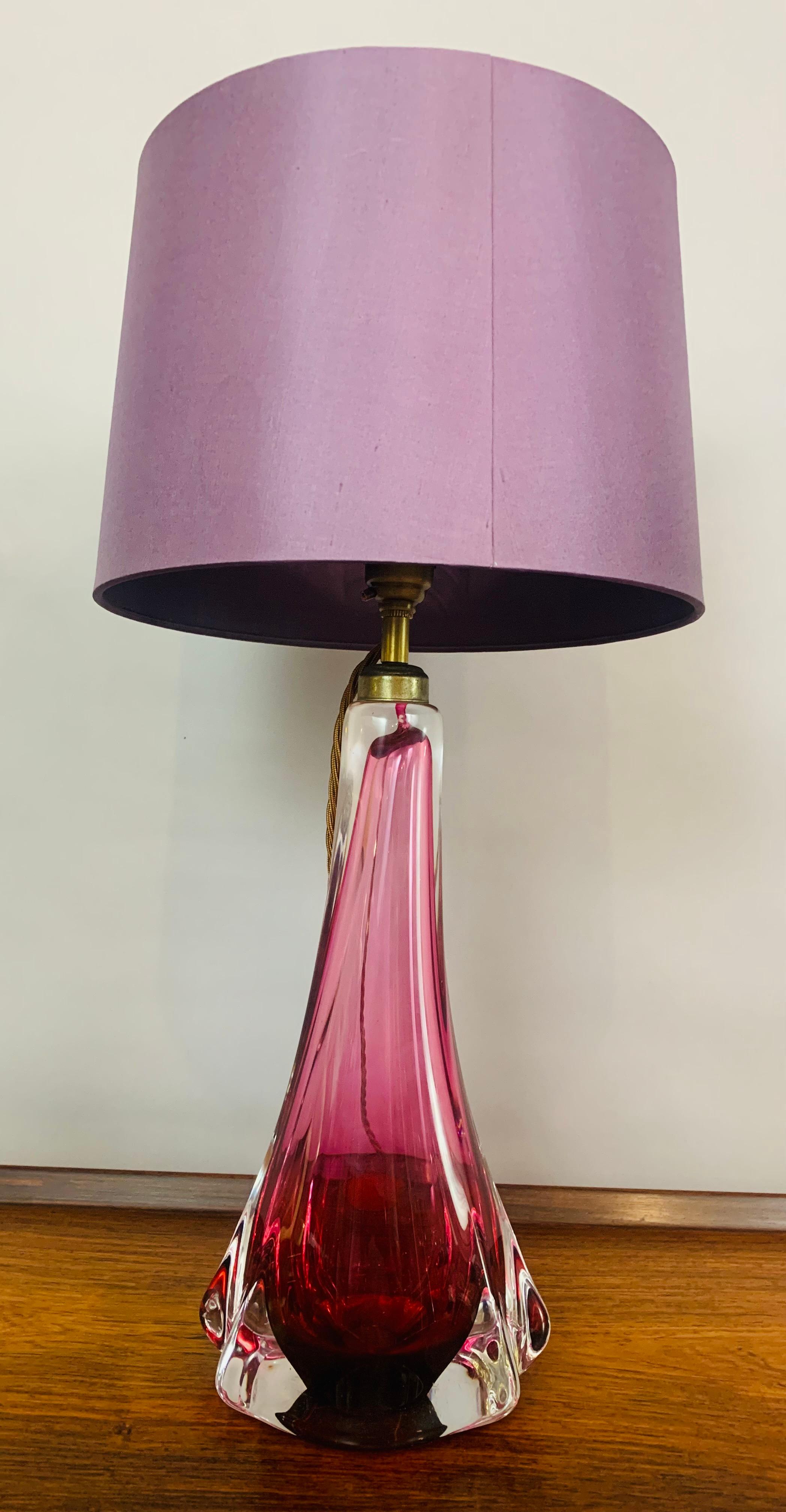 1950s Belgium Val Saint Lambert Purple & Clear Crystal Glass & Brass Table Lamp 2