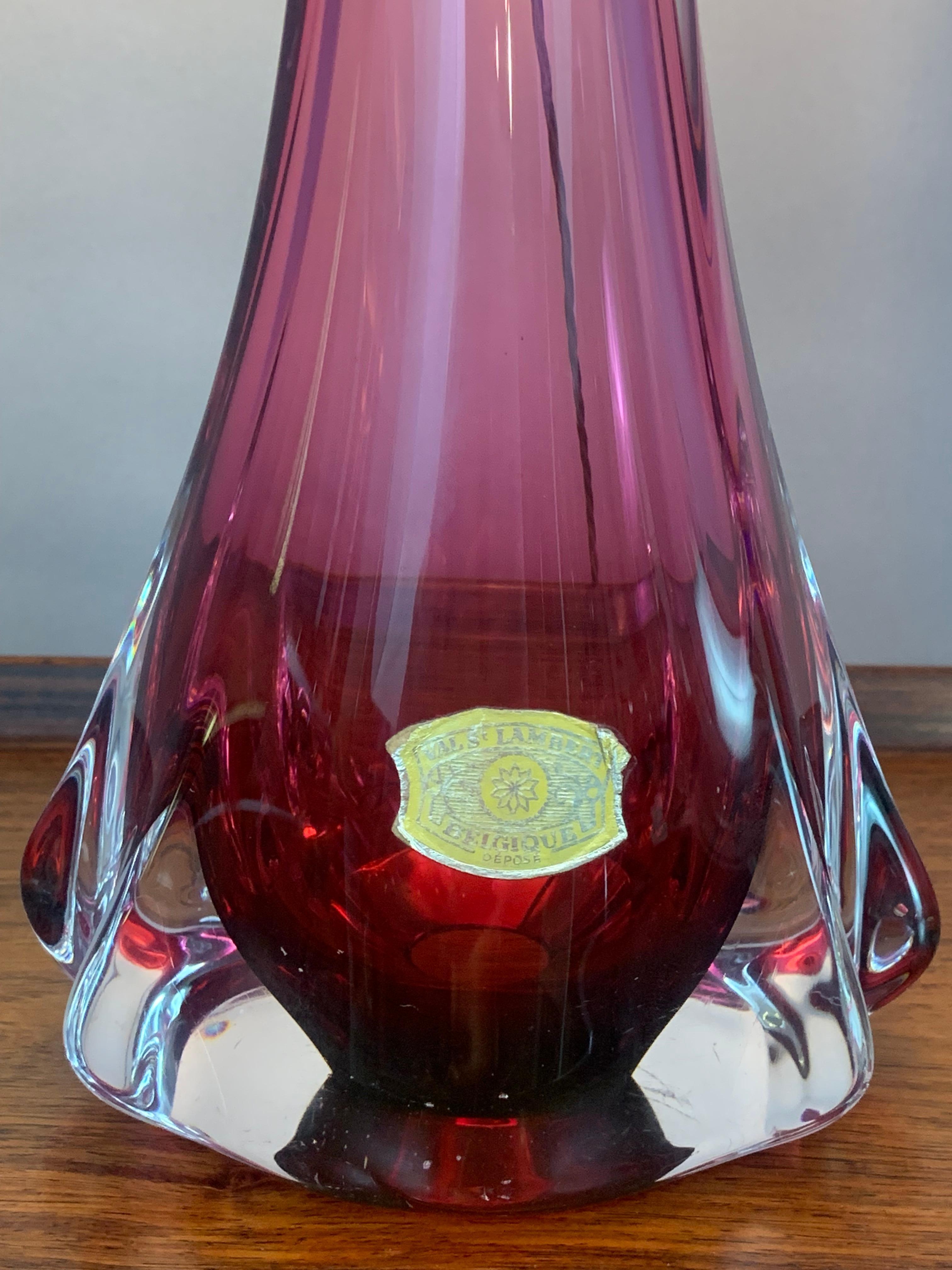 1950s Belgium Val Saint Lambert Purple & Clear Crystal Glass & Brass Table Lamp 4