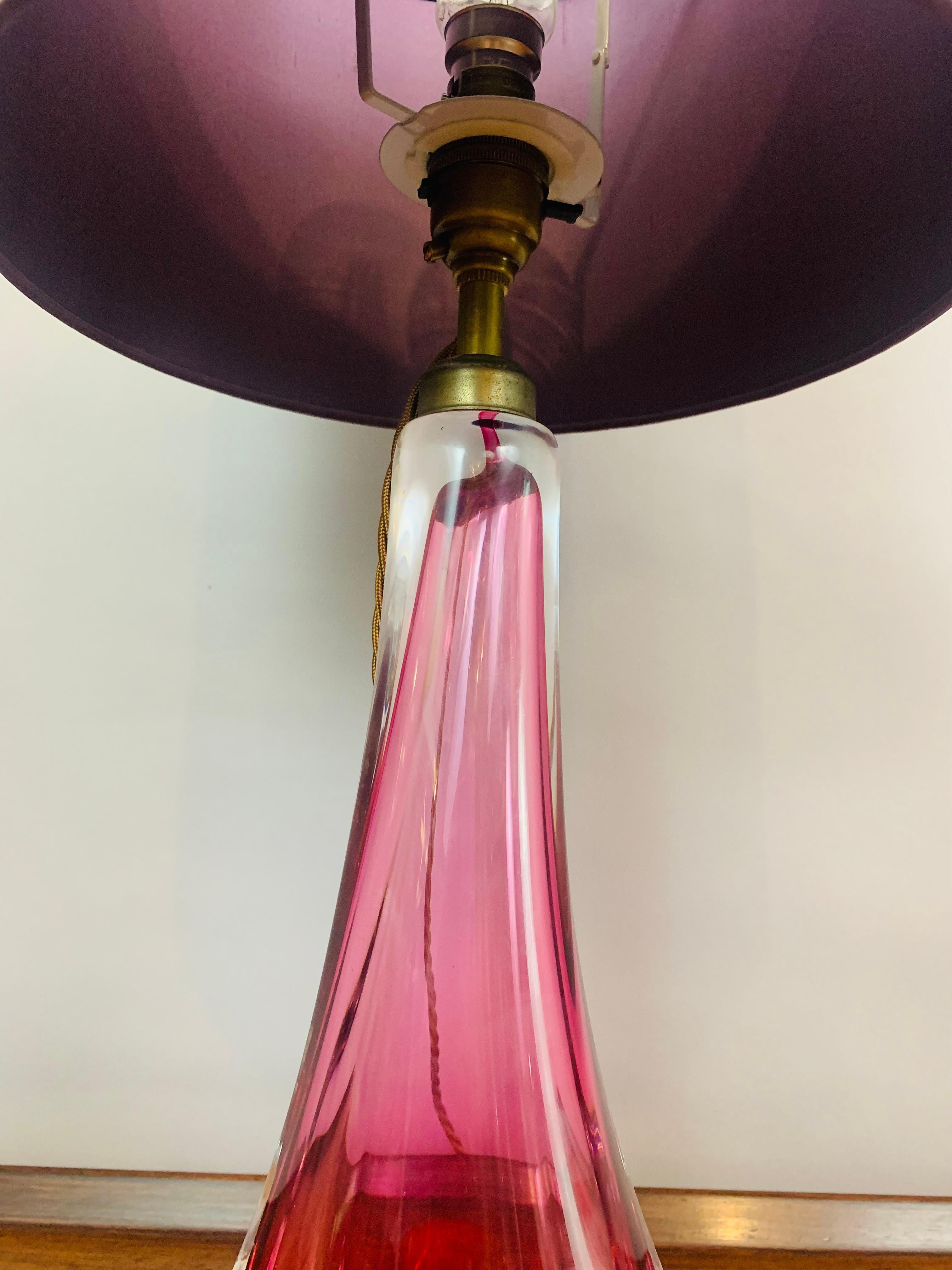 1950s Belgium Val Saint Lambert Purple & Clear Crystal Glass & Brass Table Lamp 8