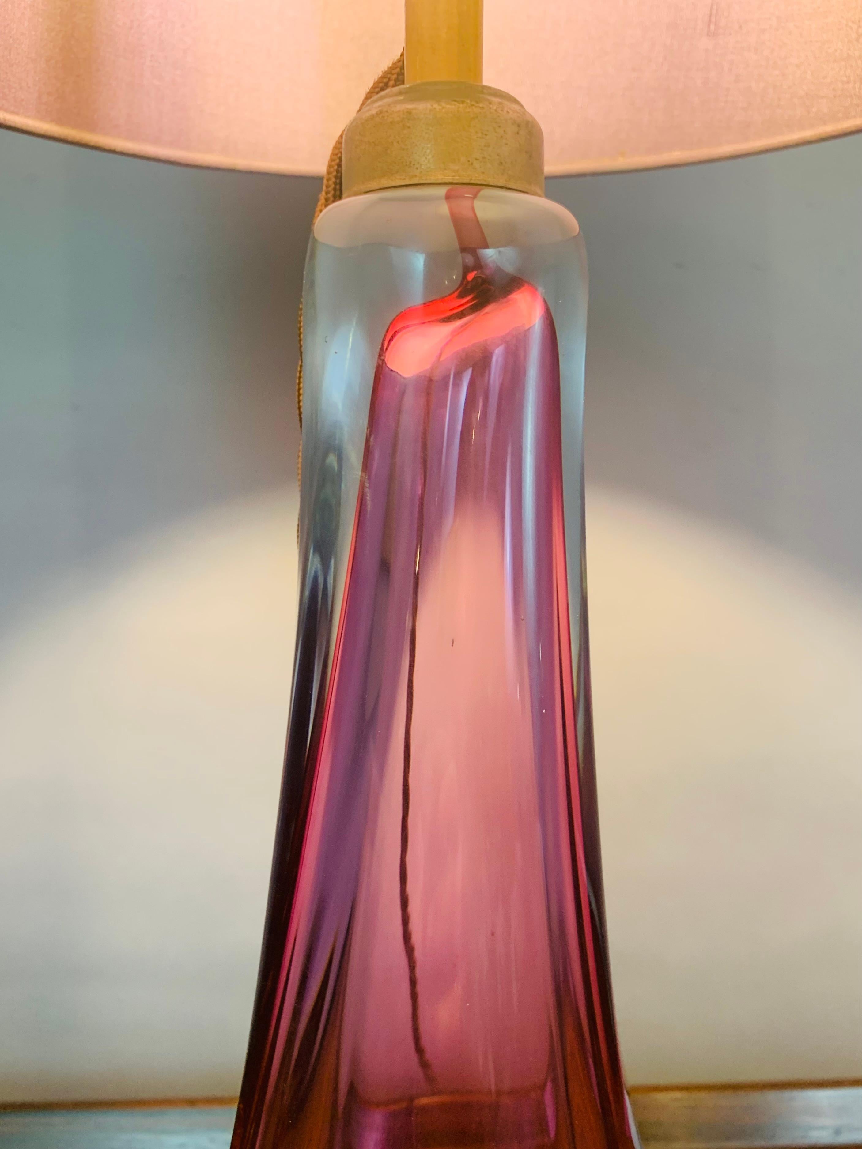 1950s Belgium Val Saint Lambert Purple & Clear Crystal Glass & Brass Table Lamp 10