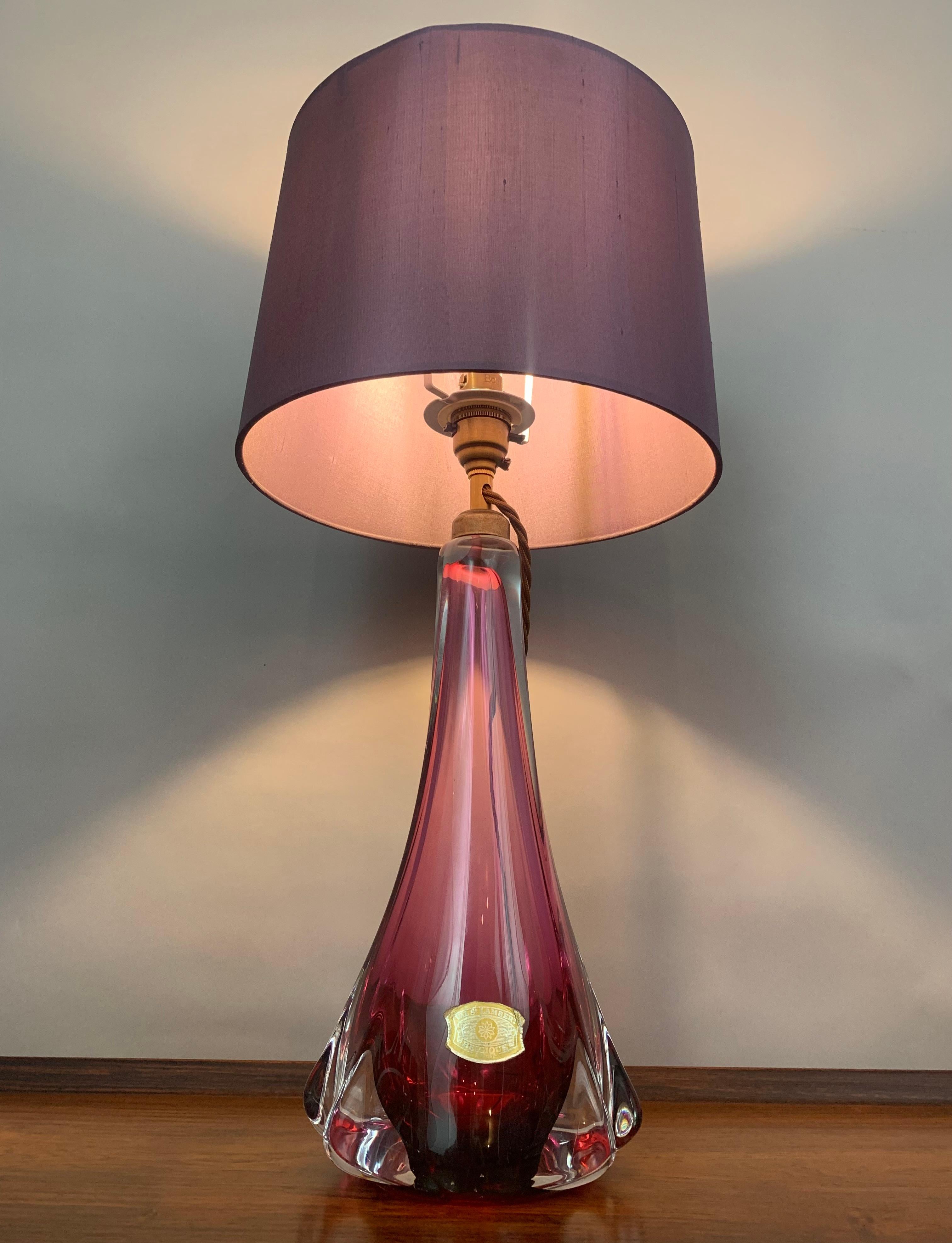 Val Saint Lambert, purple crystal lamp base with three clear glass fins on opposite sides. The lamp was made in the 1950s in Belgium. I have never come across this Val St Lambert design before which is beautifully made with very heavy crystal glass