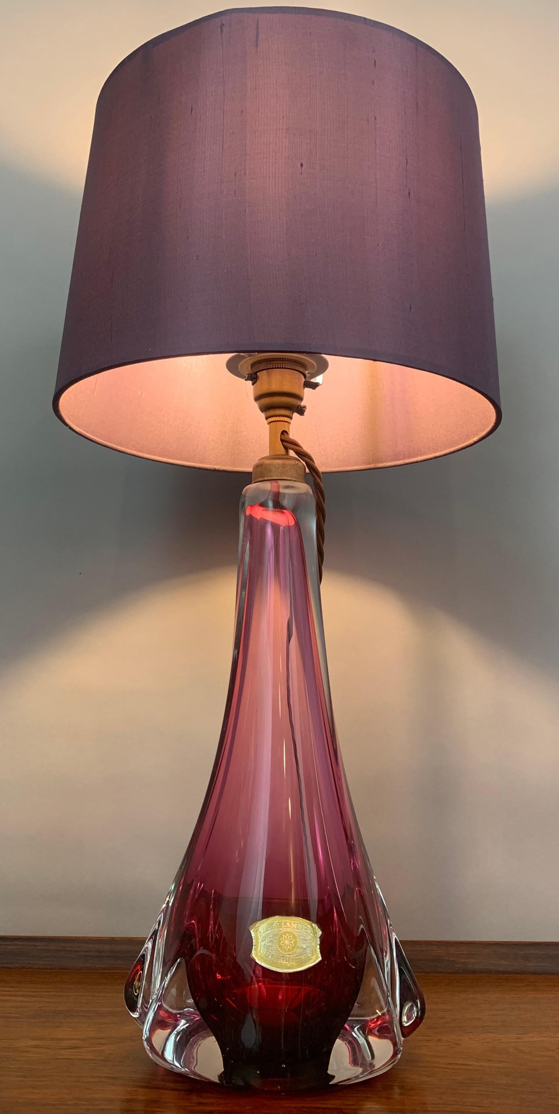 Mid-Century Modern 1950s Belgium Val Saint Lambert Purple & Clear Crystal Glass & Brass Table Lamp