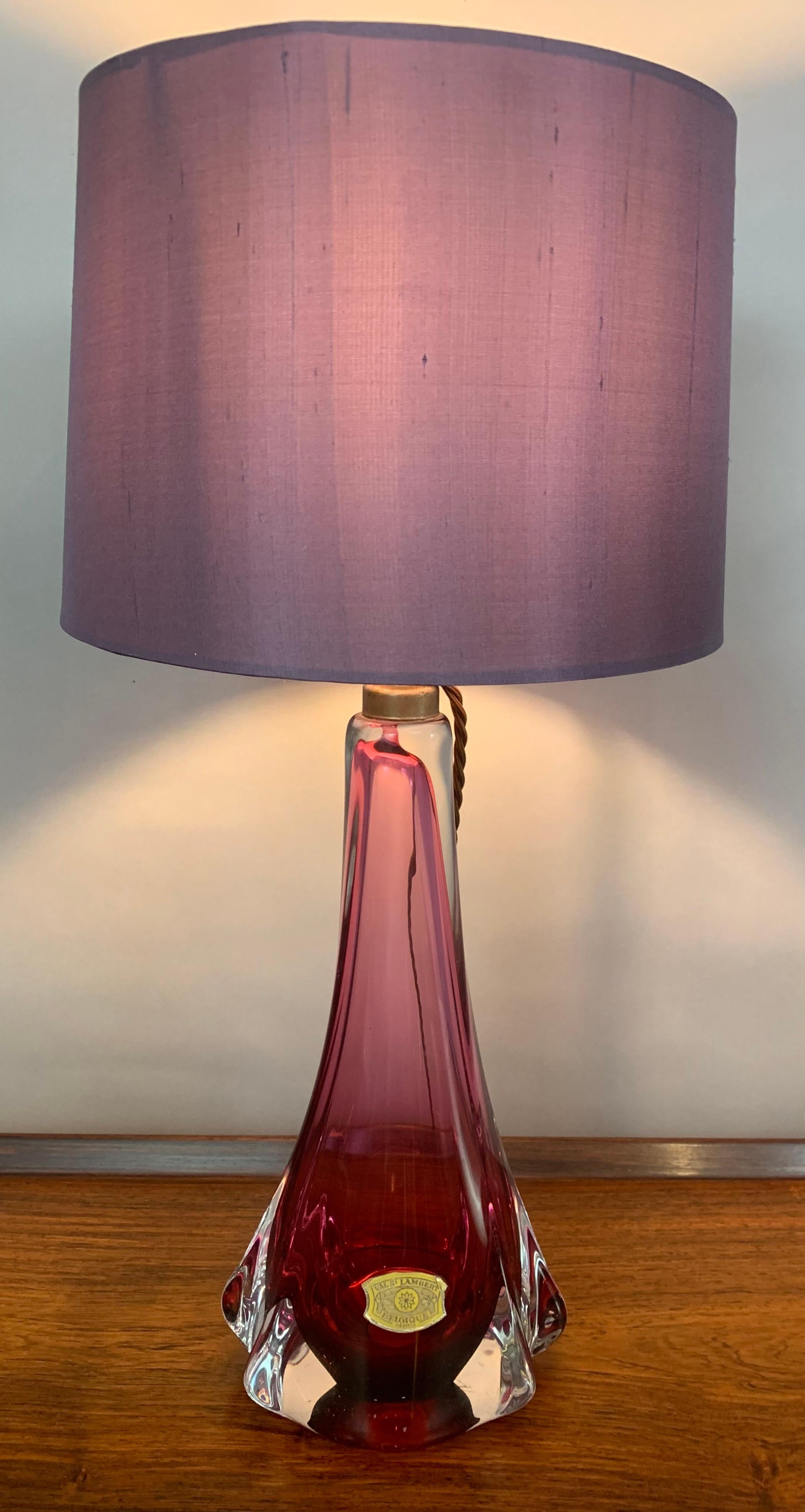 Belgian 1950s Belgium Val Saint Lambert Purple & Clear Crystal Glass & Brass Table Lamp