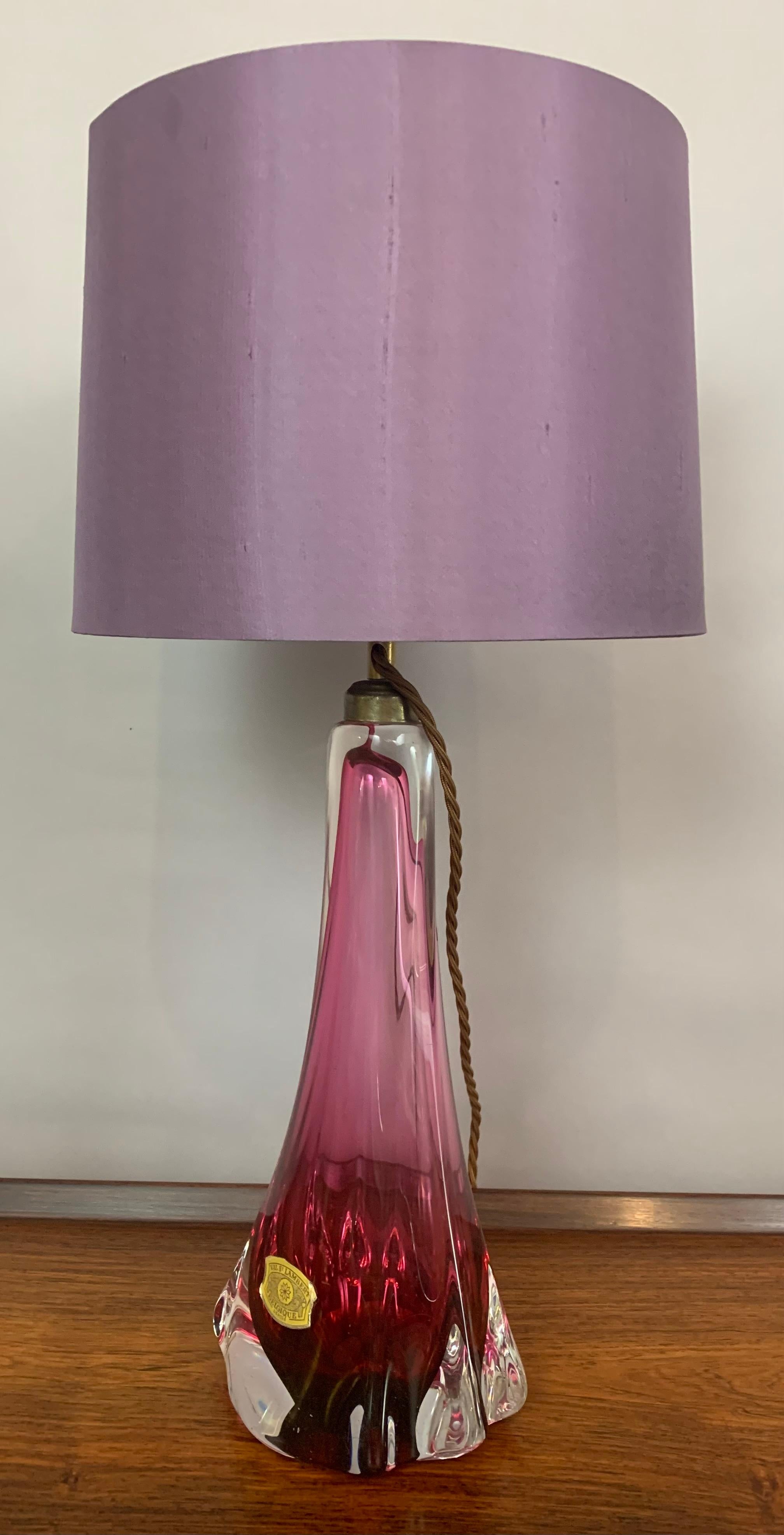 20th Century 1950s Belgium Val Saint Lambert Purple & Clear Crystal Glass & Brass Table Lamp
