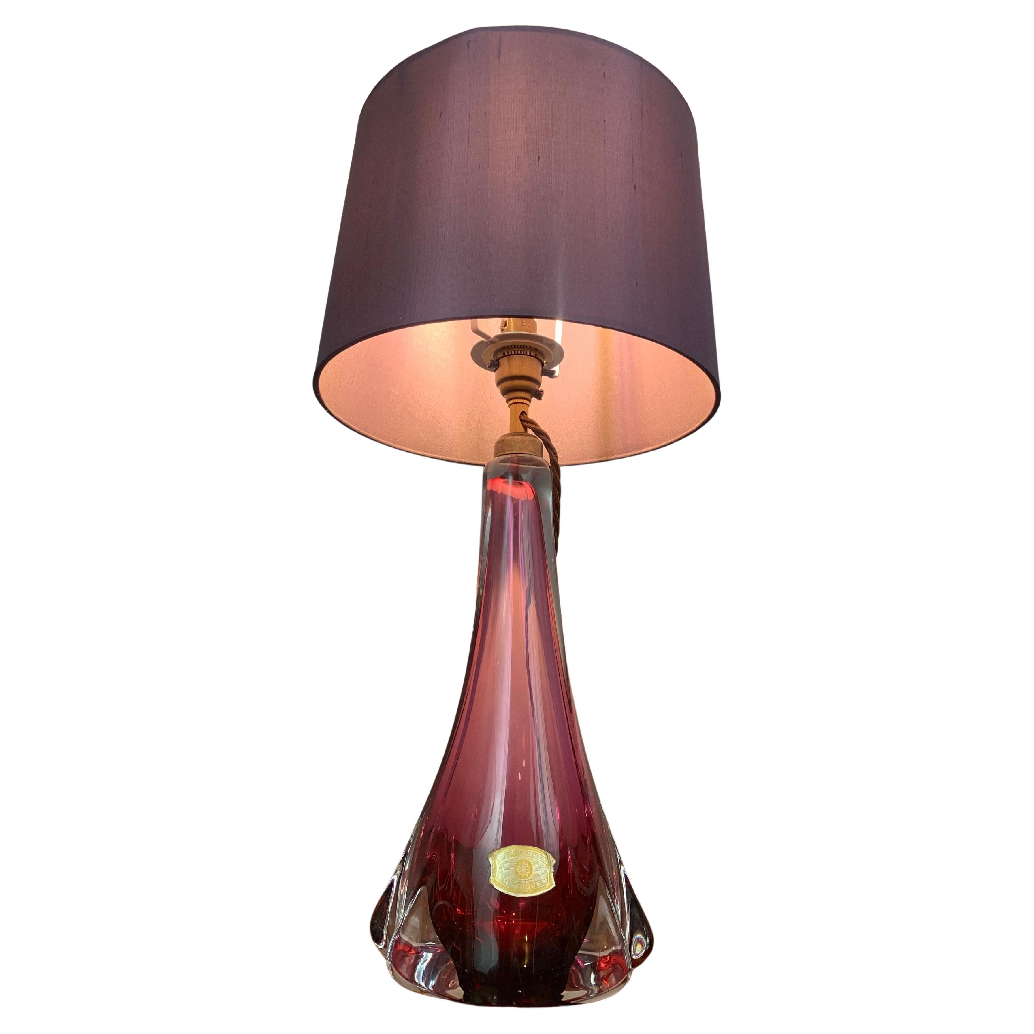 1950s Belgium Val Saint Lambert Purple & Clear Crystal Glass & Brass Table Lamp