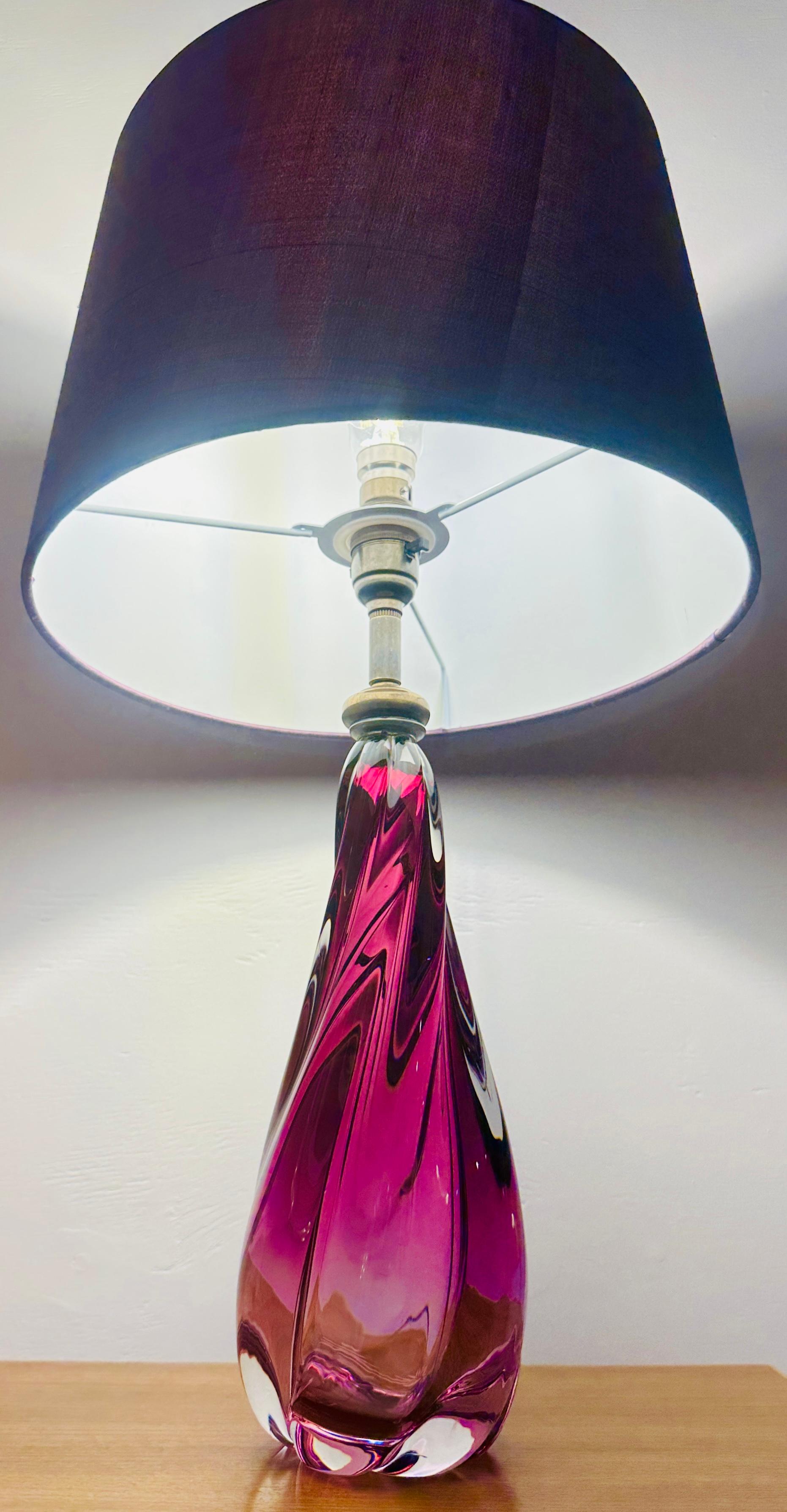 Mid-Century Modern 1950s Belgium Val Saint Lambert Purple & Clear Crystal Glass Table Lamp Signed