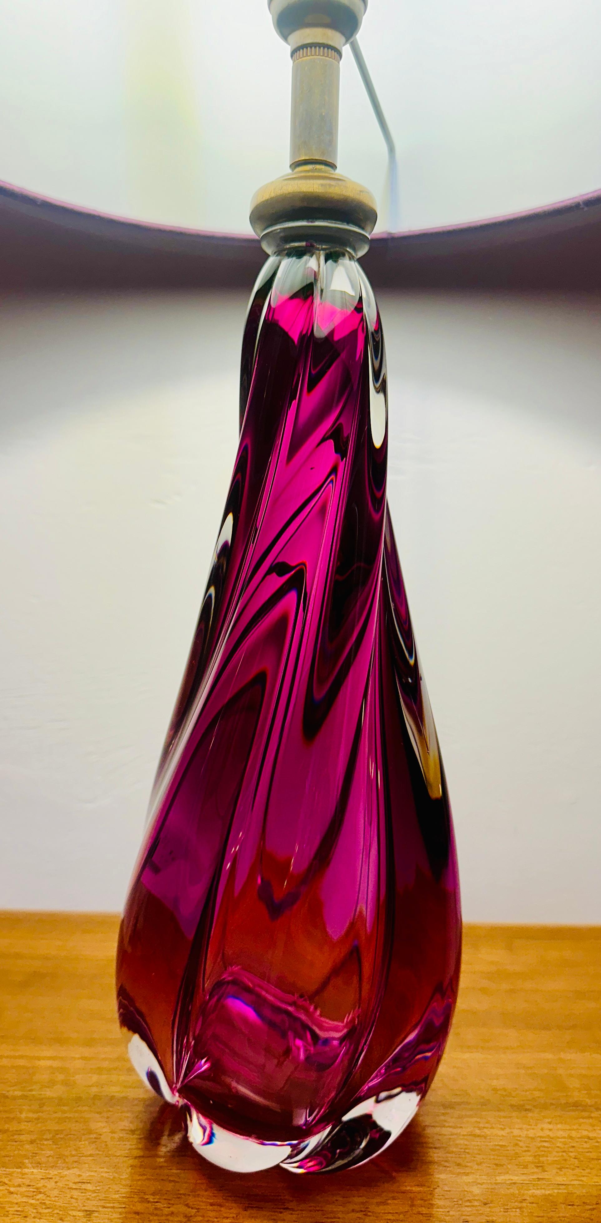 Belgian 1950s Belgium Val Saint Lambert Purple & Clear Crystal Glass Table Lamp Signed