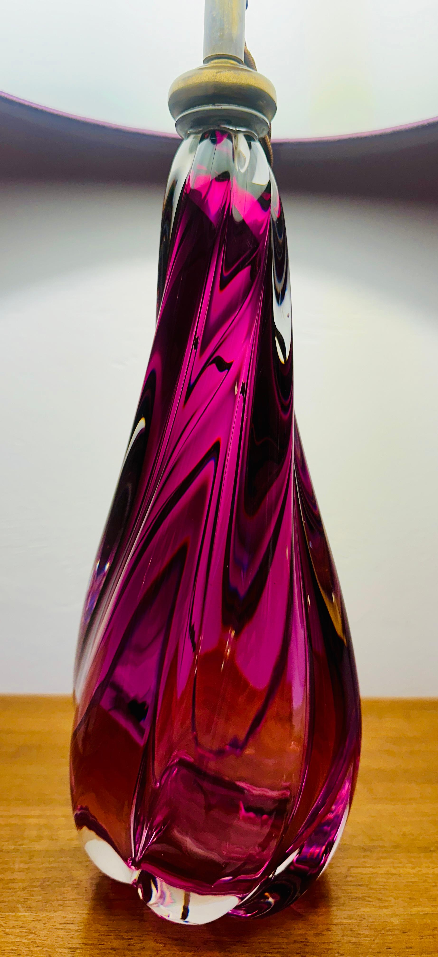 Brass 1950s Belgium Val Saint Lambert Purple & Clear Crystal Glass Table Lamp Signed