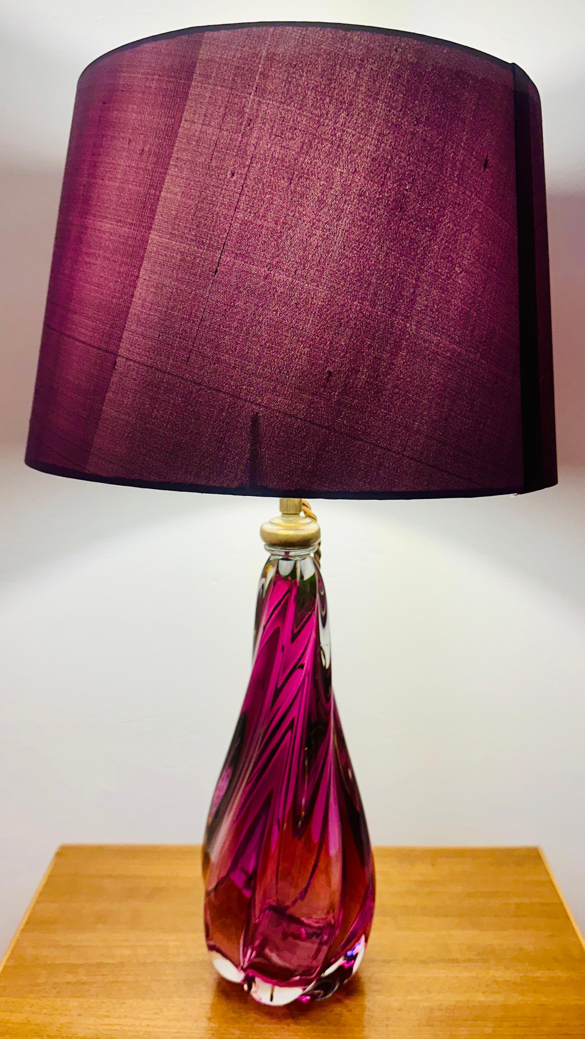 1950s Belgium Val Saint Lambert Purple & Clear Crystal Glass Table Lamp Signed 1