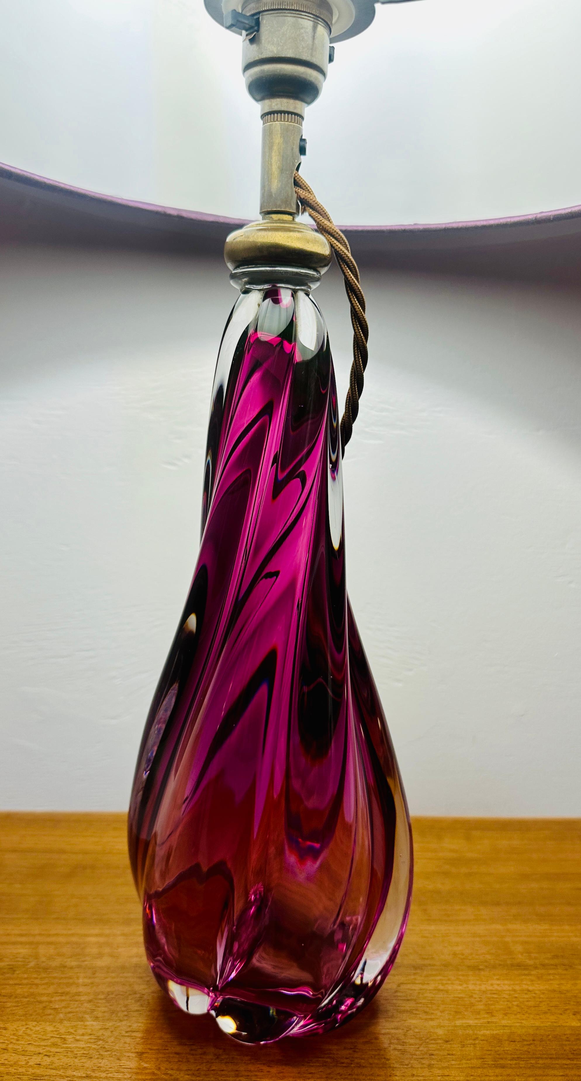 1950s Belgium Val Saint Lambert Purple & Clear Crystal Glass Table Lamp Signed 2