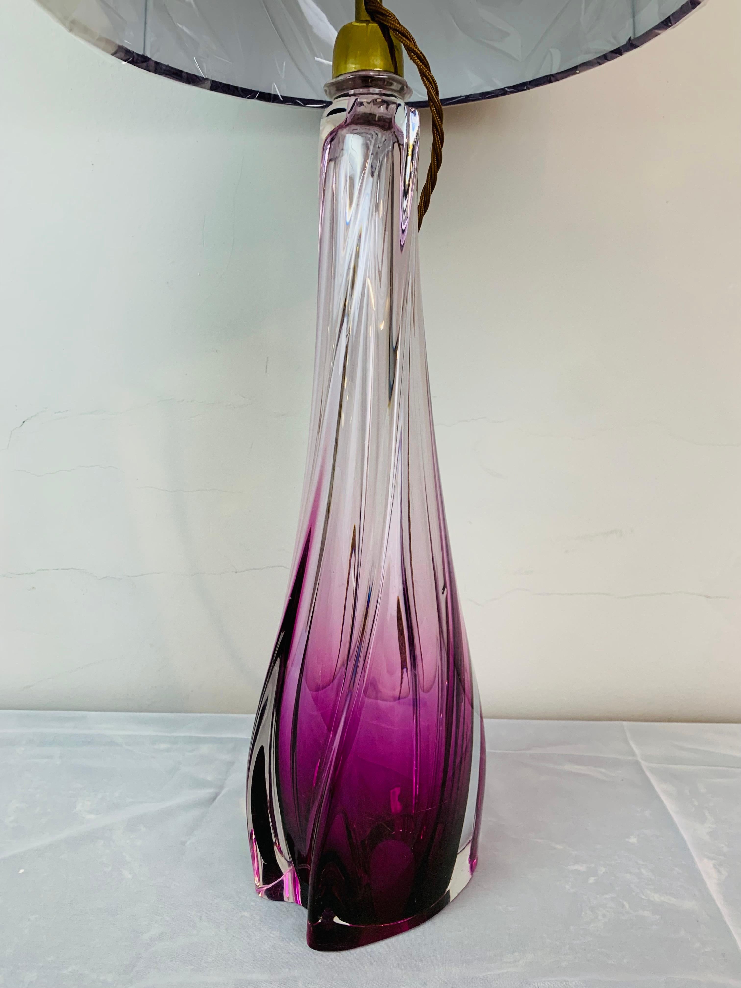 1950s Belgium Val Saint Lambert Purple & Clear Crystal Glass Table Lamp 1