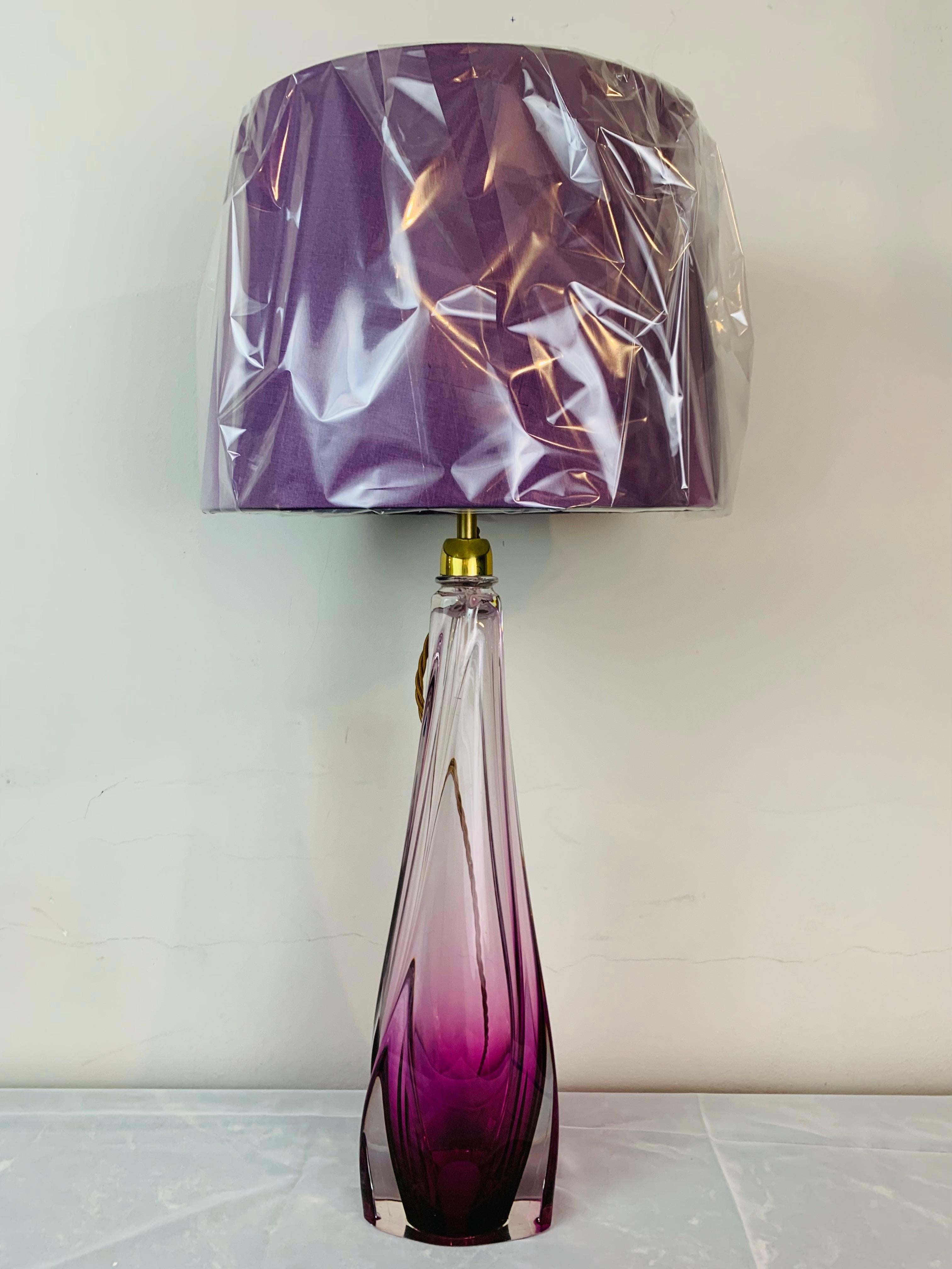 Mid-Century Modern 1950s Belgium Val Saint Lambert Purple & Clear Crystal Glass Table Lamp