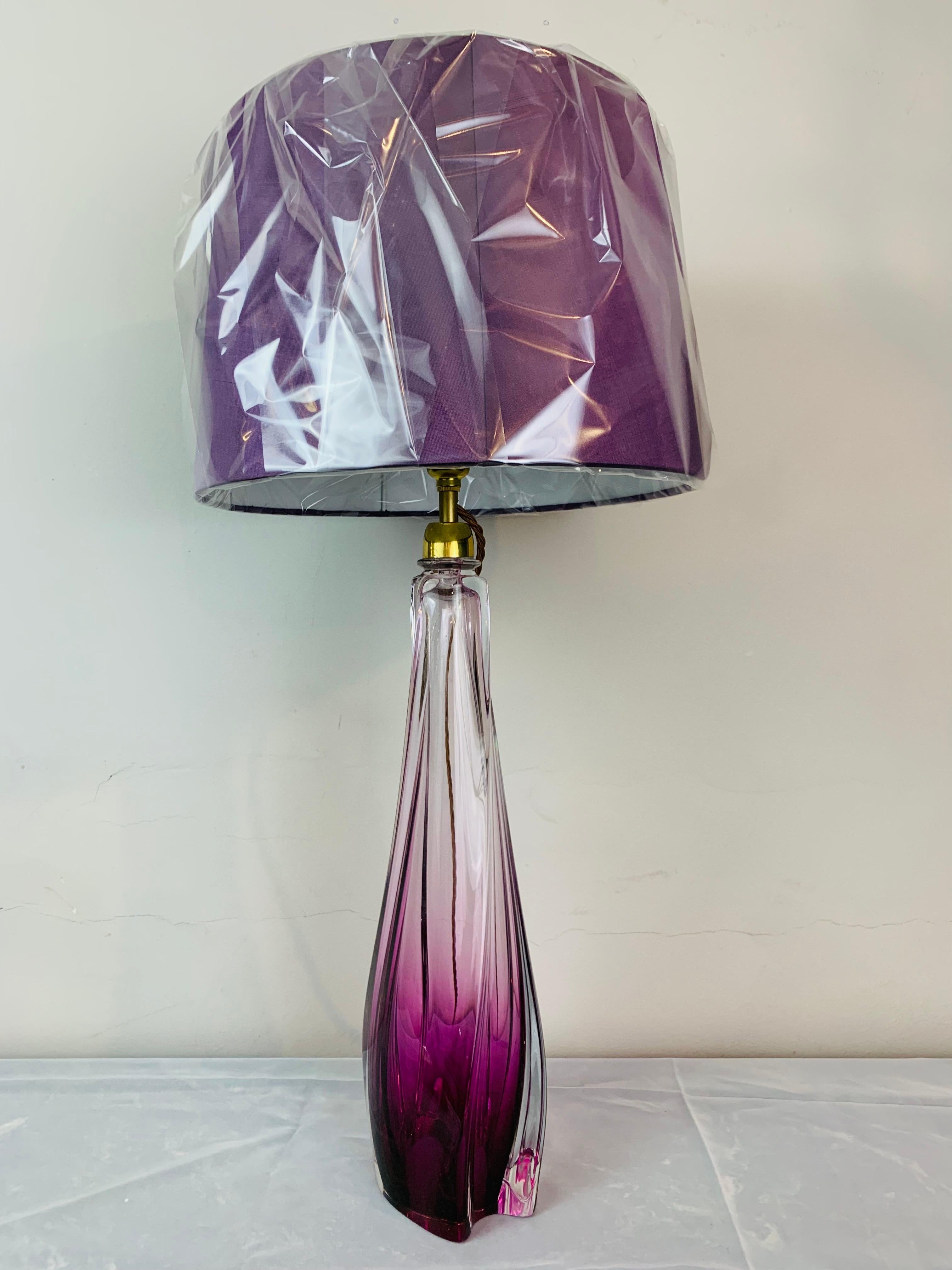 Belgian 1950s Belgium Val Saint Lambert Purple & Clear Crystal Glass Table Lamp