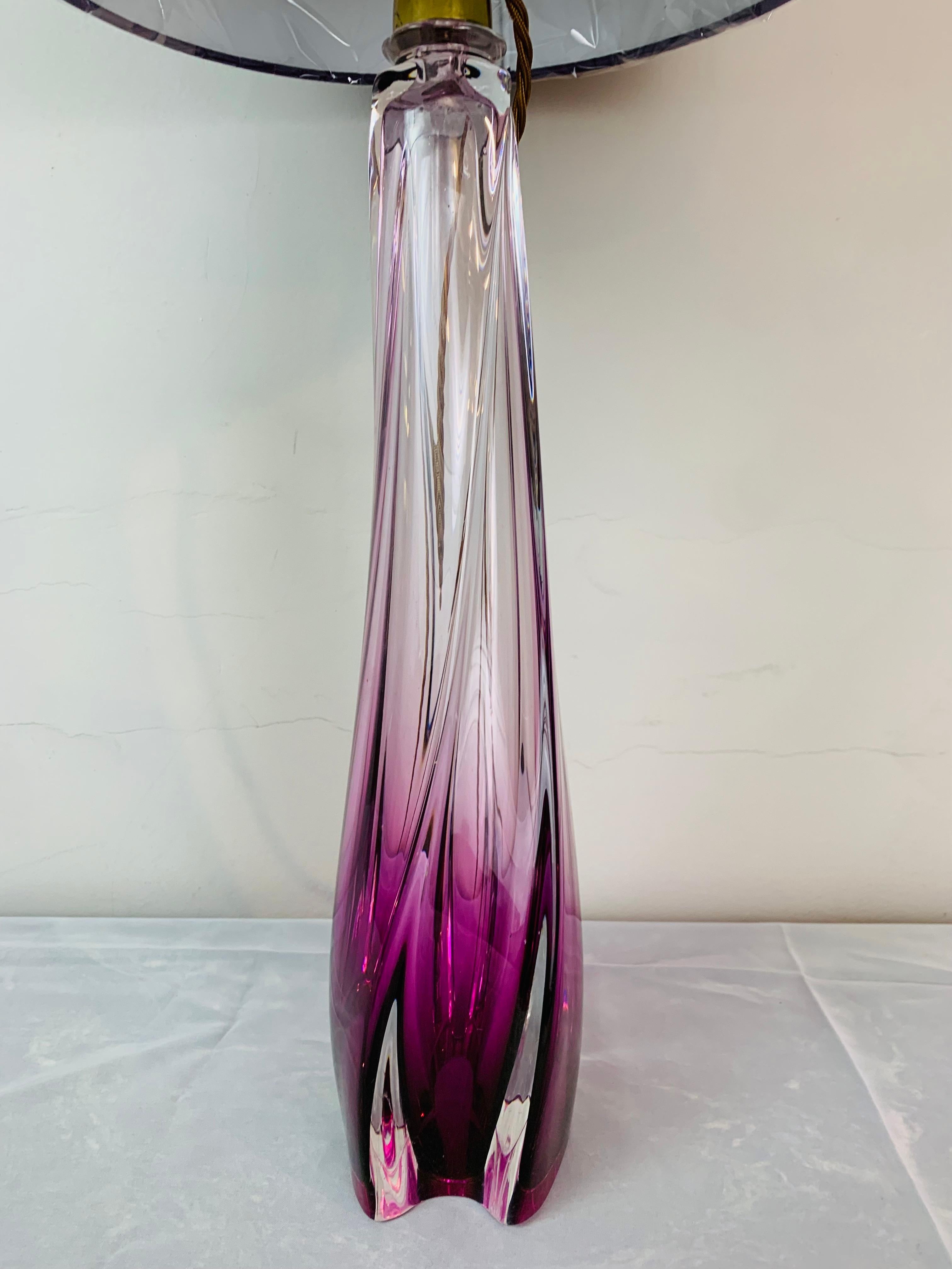 Brass 1950s Belgium Val Saint Lambert Purple & Clear Crystal Glass Table Lamp