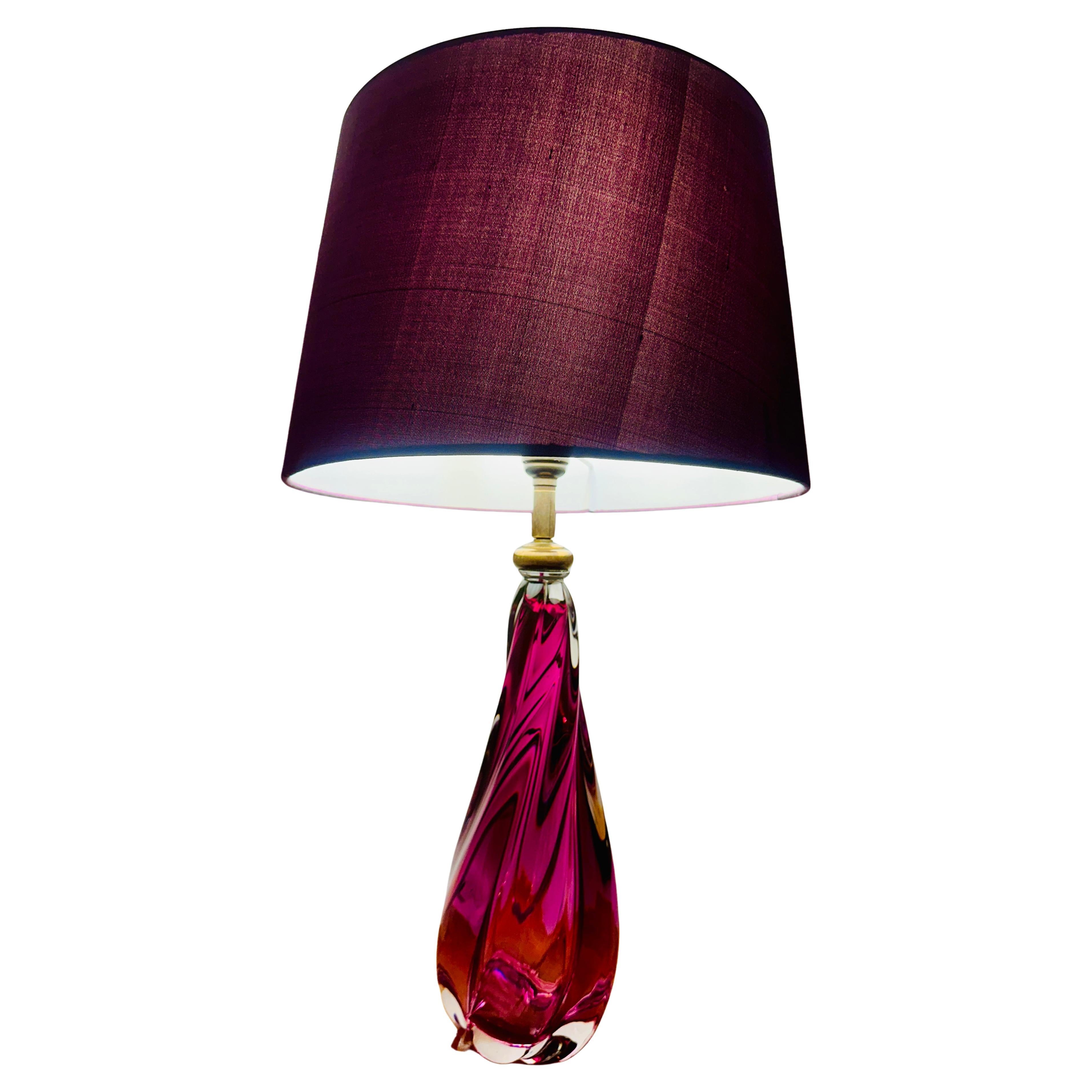 1950s Belgium Val Saint Lambert Purple & Clear Crystal Glass Table Lamp Signed