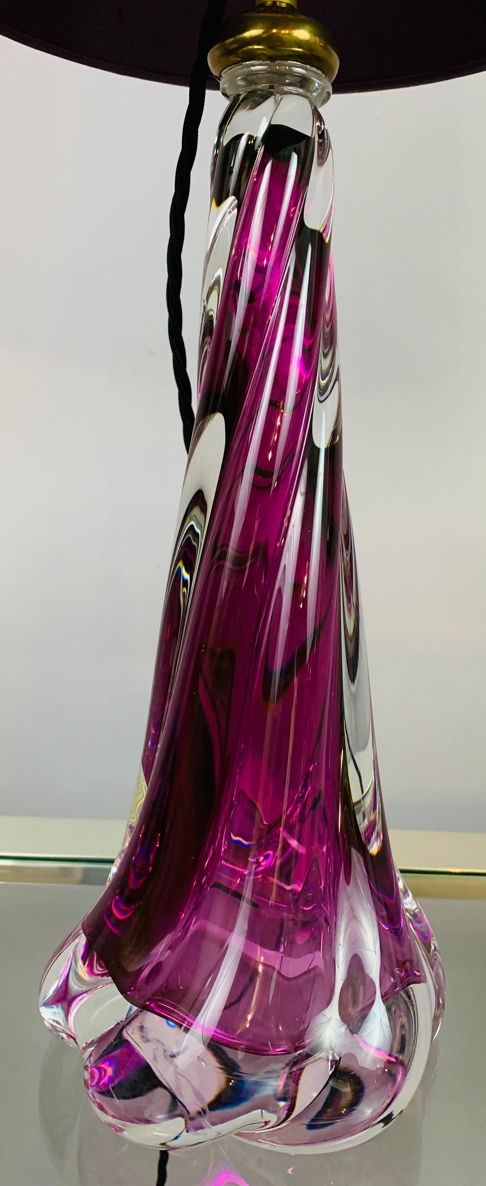 1950s Belgium Val Saint Lambert Purple Swirled Twisted Glass Lamp Base 1