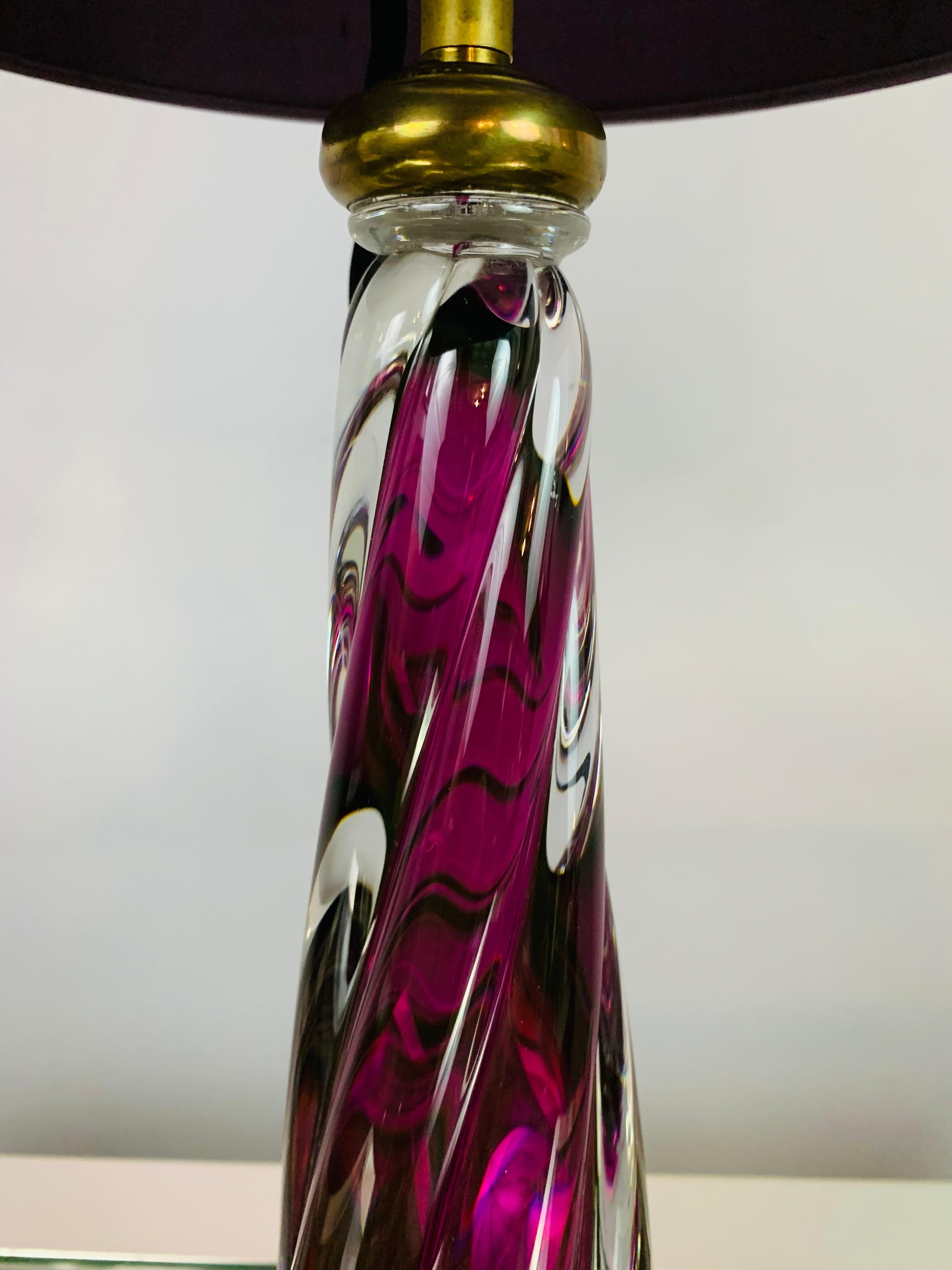 1950s Belgium Val Saint Lambert Purple Swirled Twisted Glass Lamp Base 1