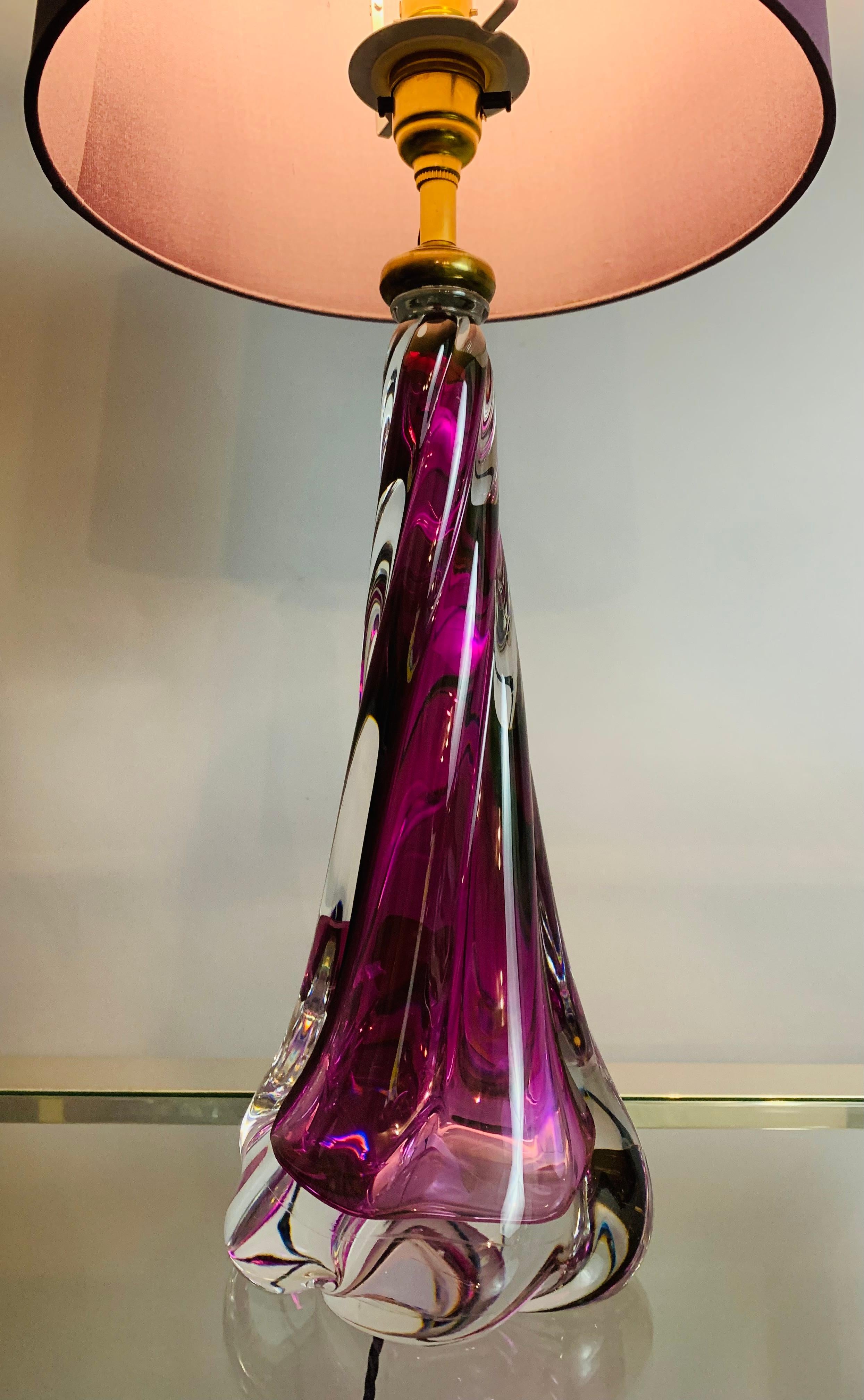 Mid-Century Modern 1950s Belgium Val Saint Lambert Purple Swirled Twisted Glass Lamp Base