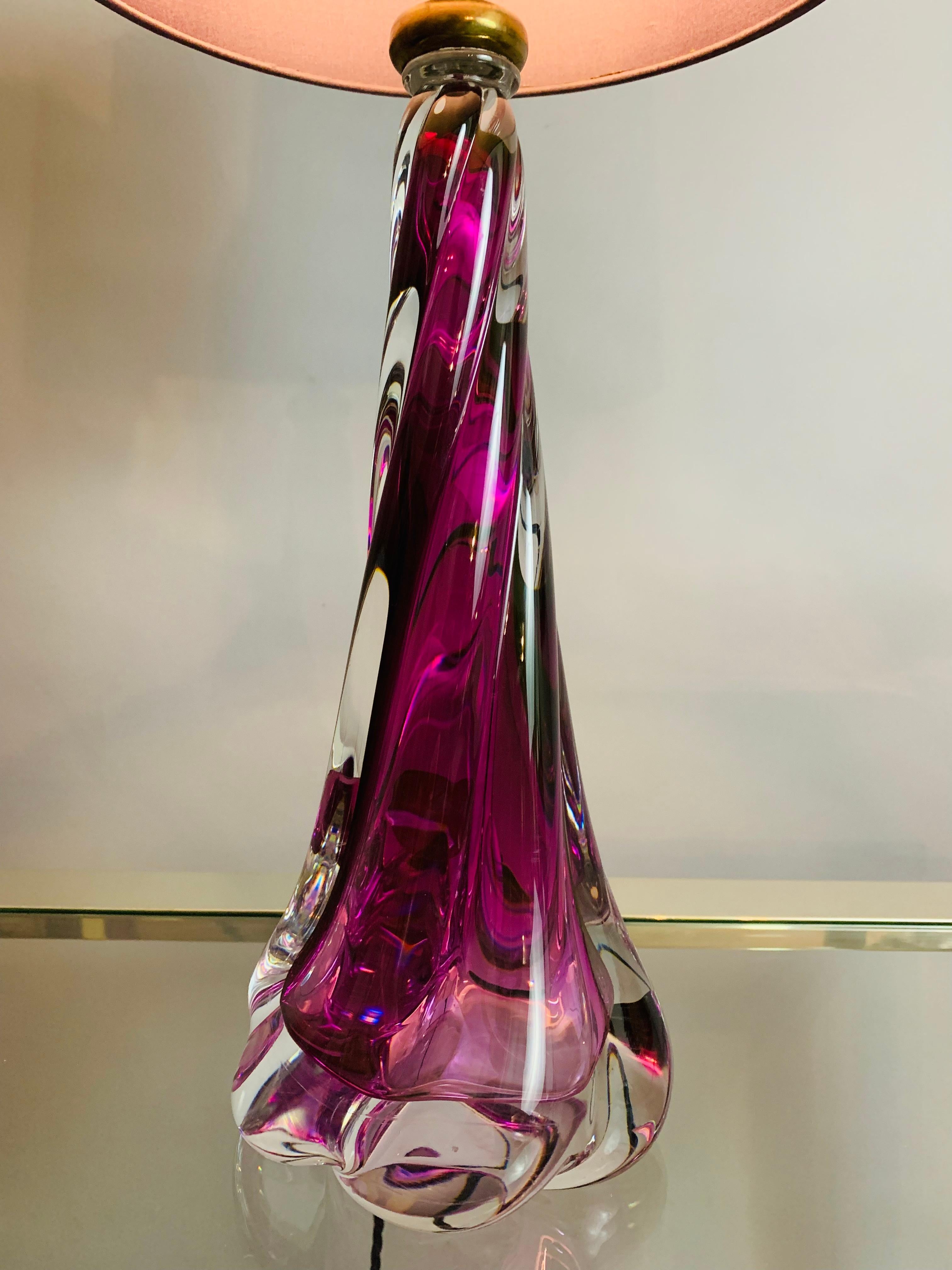Belgian 1950s Belgium Val Saint Lambert Purple Swirled Twisted Glass Lamp Base