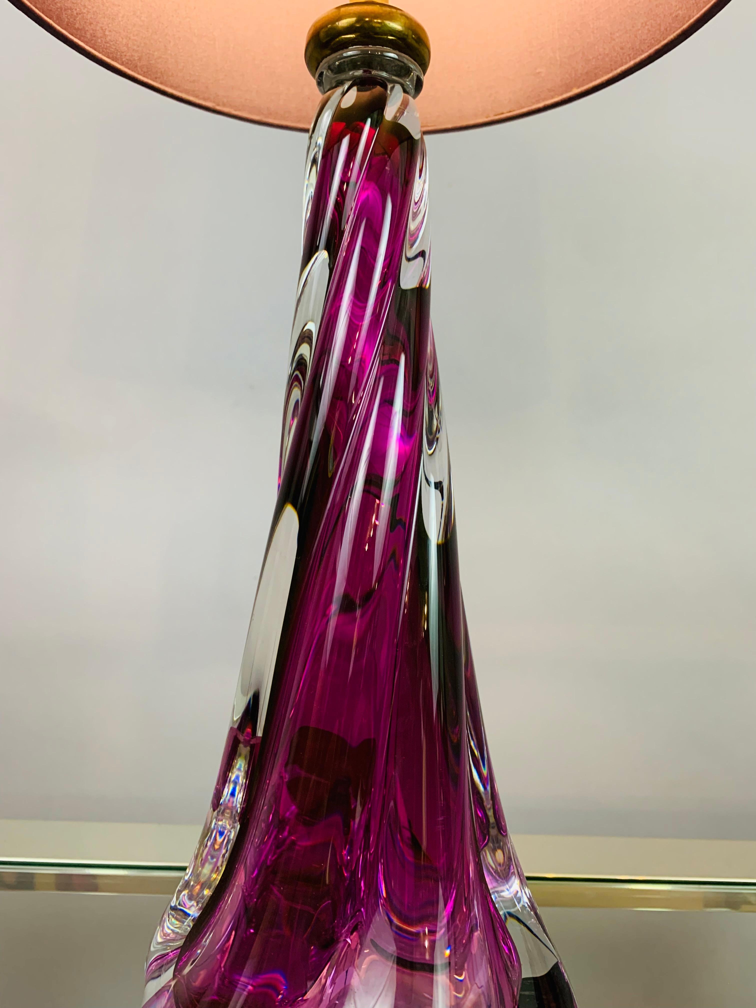 Belgian 1950s Belgium Val Saint Lambert Purple Swirled Twisted Glass Lamp Base