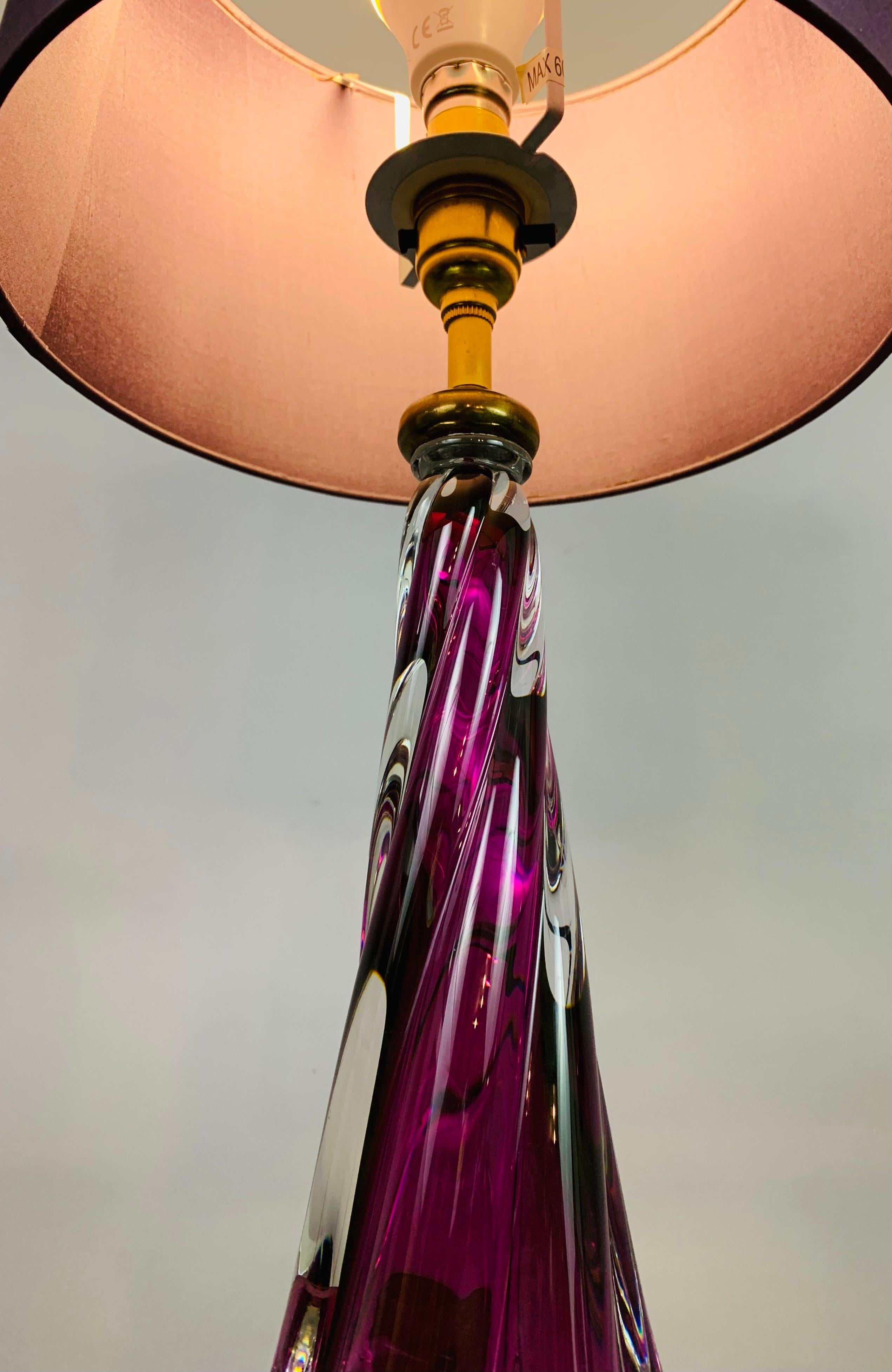 20th Century 1950s Belgium Val Saint Lambert Purple Swirled Twisted Glass Lamp Base