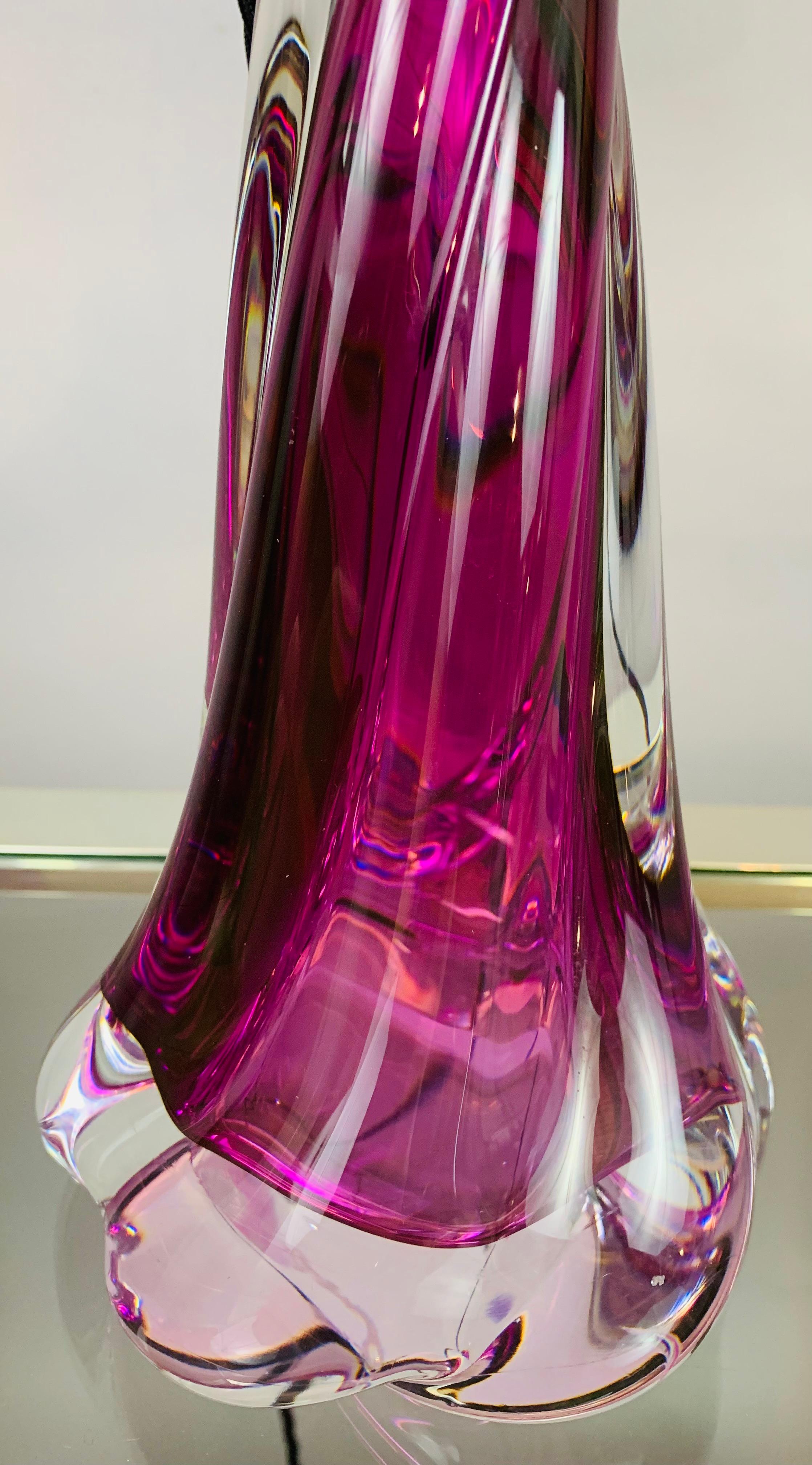 Brass 1950s Belgium Val Saint Lambert Purple Swirled Twisted Glass Lamp Base